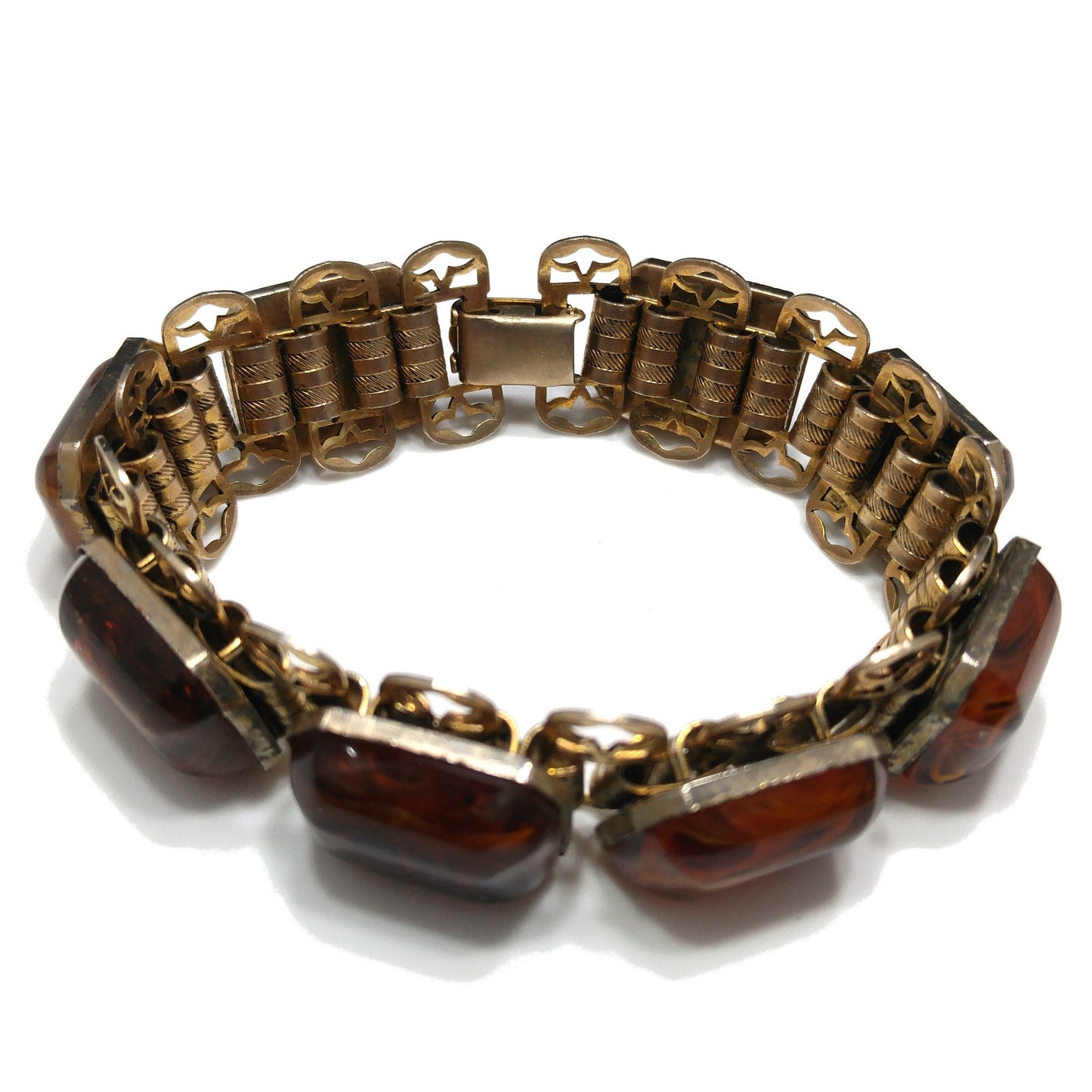 Book Chain Brown Art Glass Bracelet, Victorian Revival, Gold Plated, 1950s Vintage Jewelry