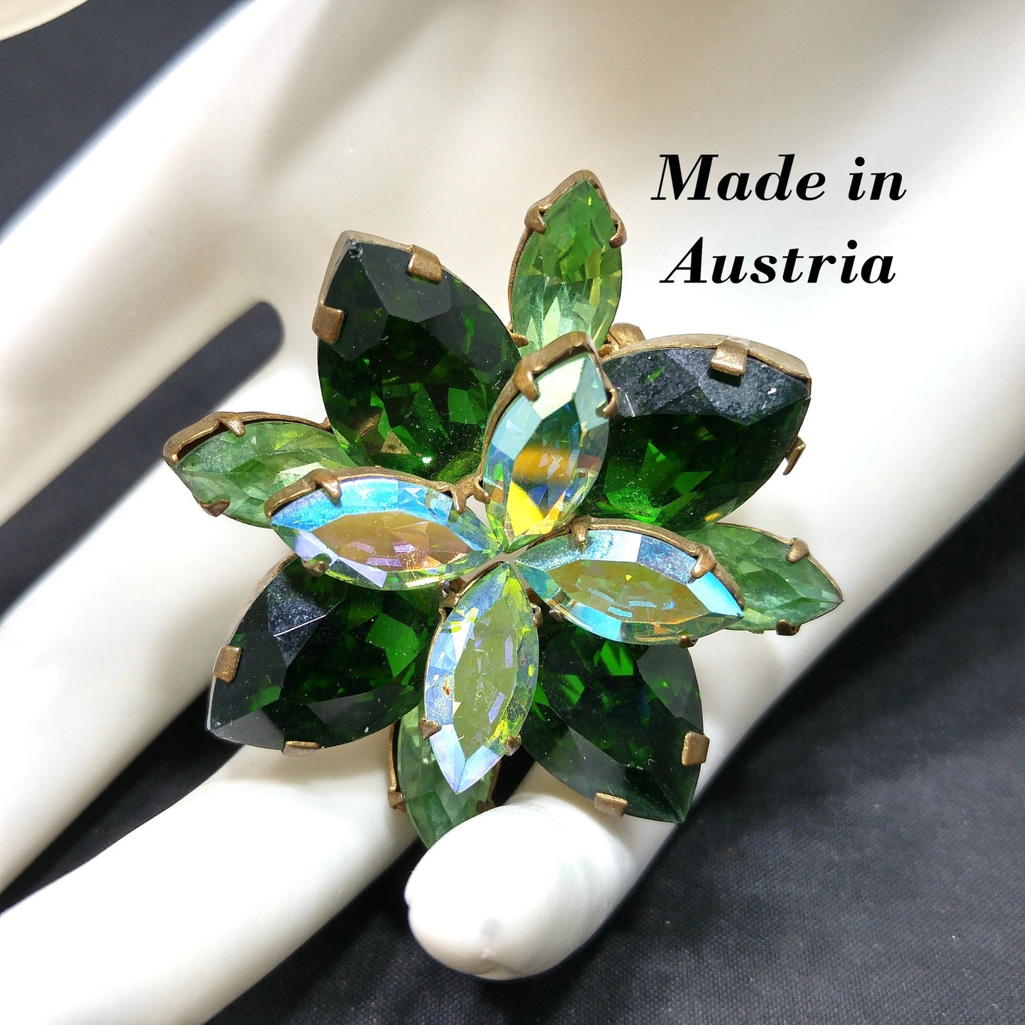 Austrian Green Crystal Rhinestone Brooch, Aurora Borealis, 1960s Vintage Jewelry