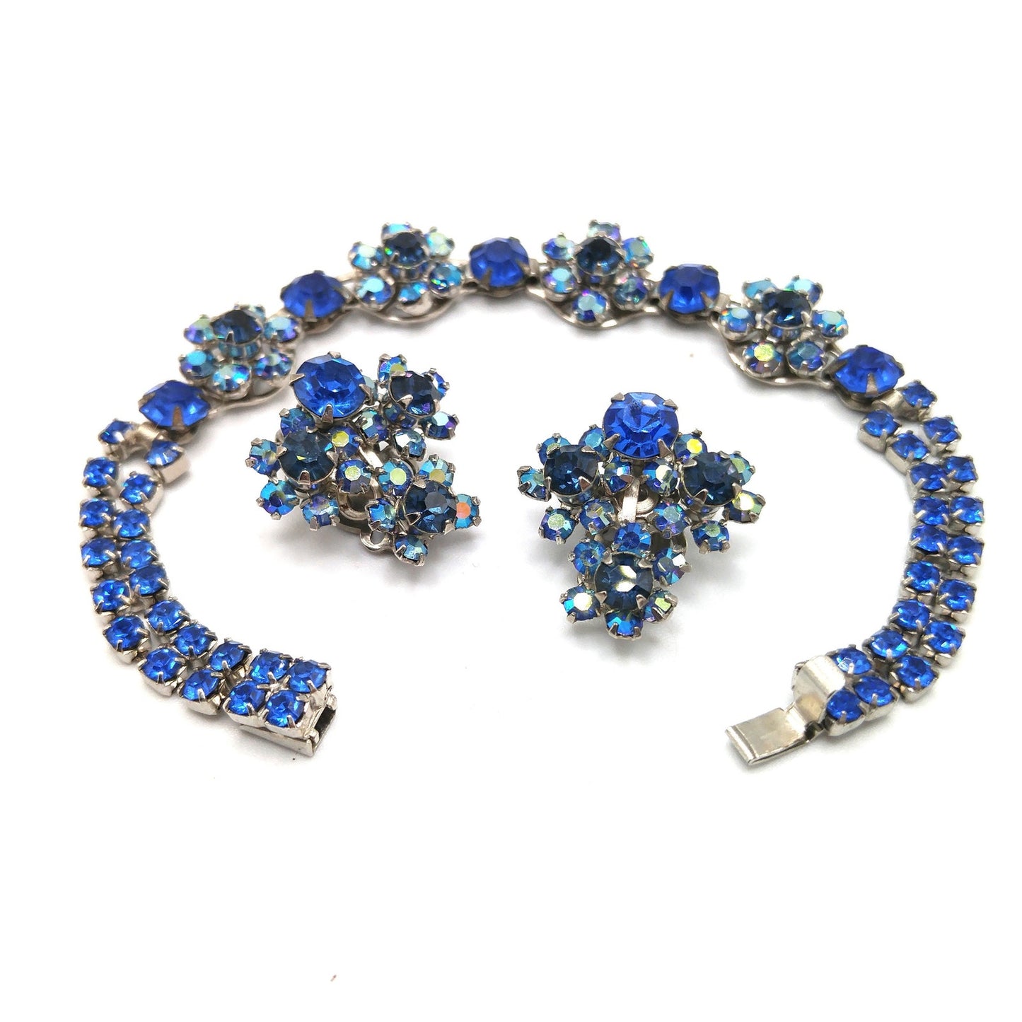 Kramer AB Blue Bracelet Clip Earrings Set, Aurora Borealis, 1960s Vintage Jewelry