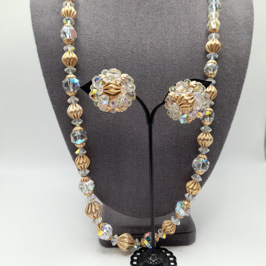Vintage Crystal Necklace Earrings Set, 1960s, Gold Plated Beads, AB Crystal Beads, 28"