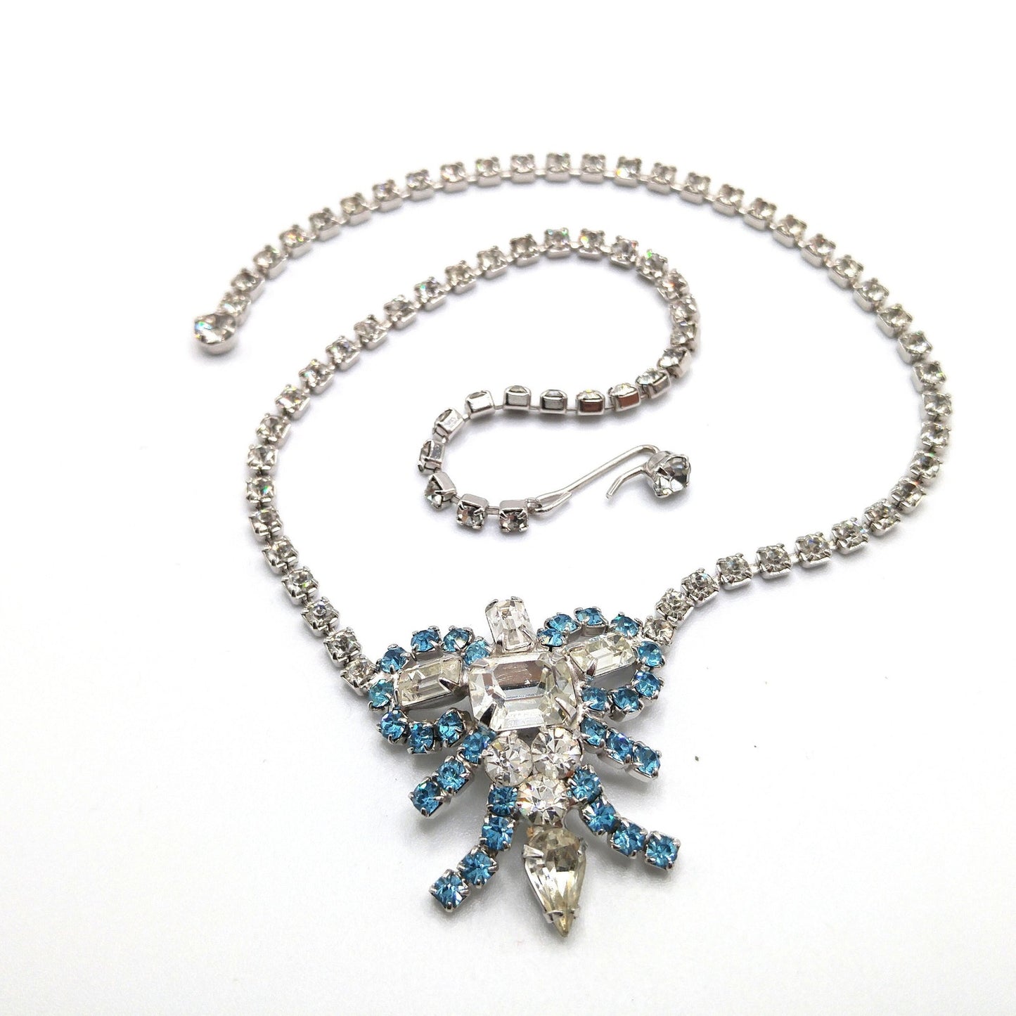 Mid-Century Turquoise Blue Clear Rhinestone Choker Necklace, Rhodium Plated, 1960s Vintage Jewelry