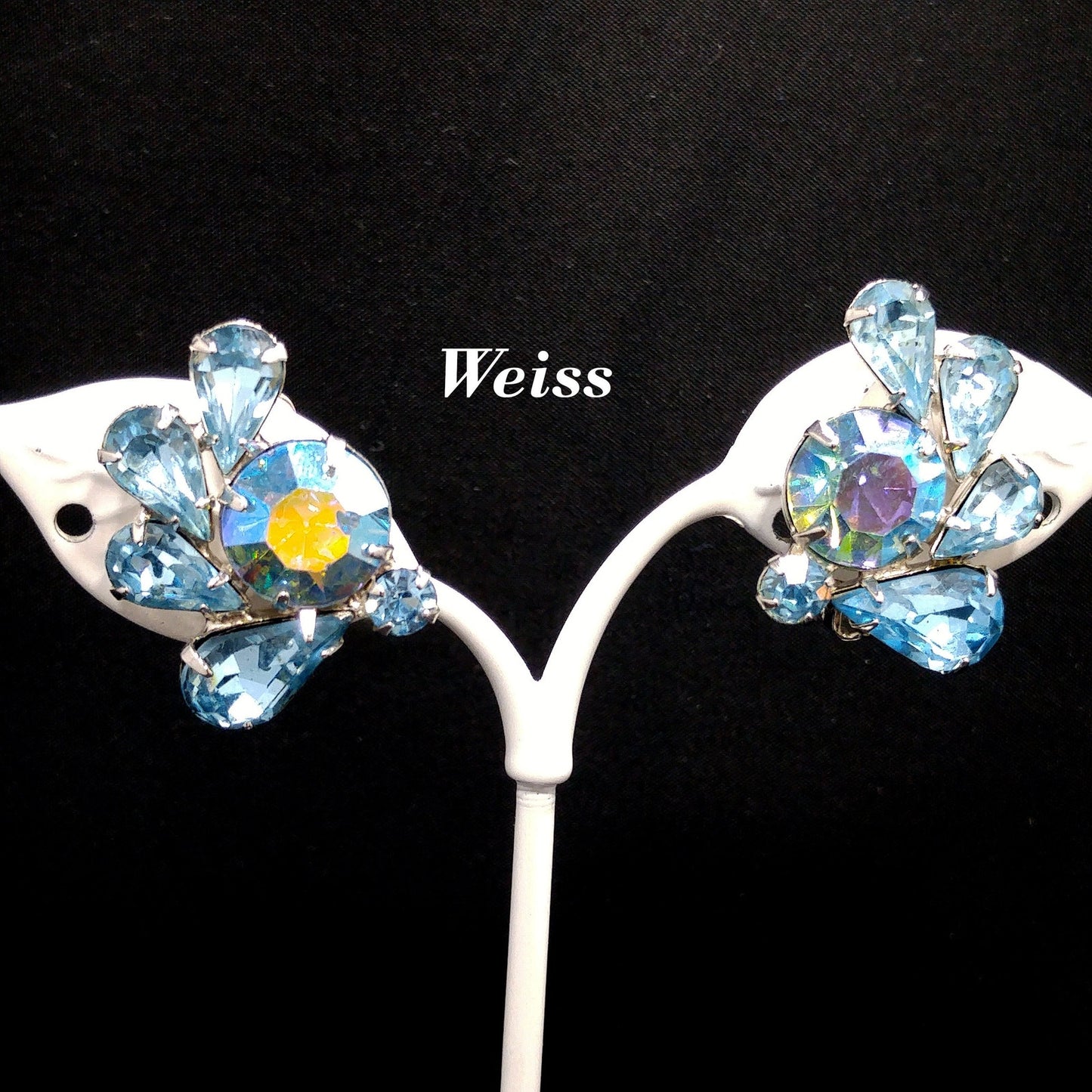 Weiss Light Blue Rhinestone Clip Earrings, Rhodium Plated, 1960s Vintage Jewelry