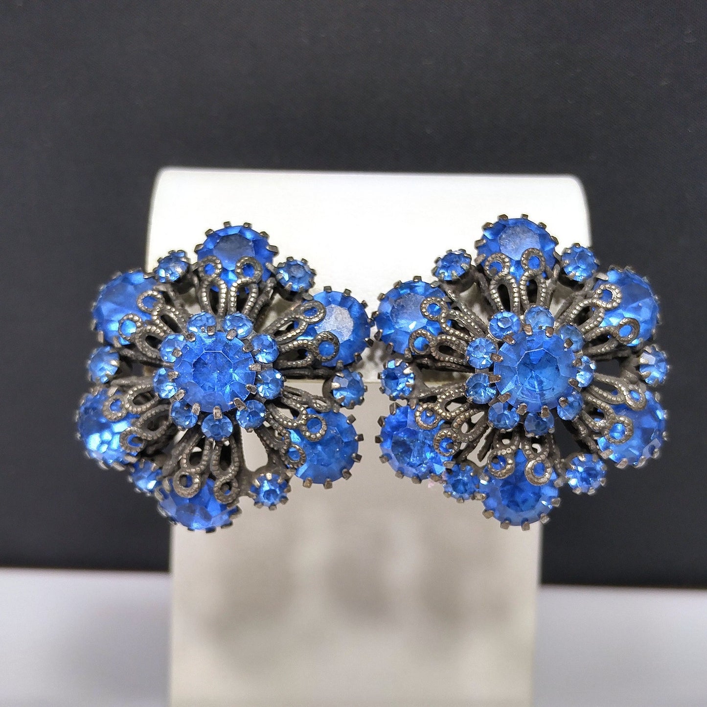 Vendome Blue Rhinestone Floral Clip Earrings, Antiqued Silver Tone, 1950s Vintage Jewelry
