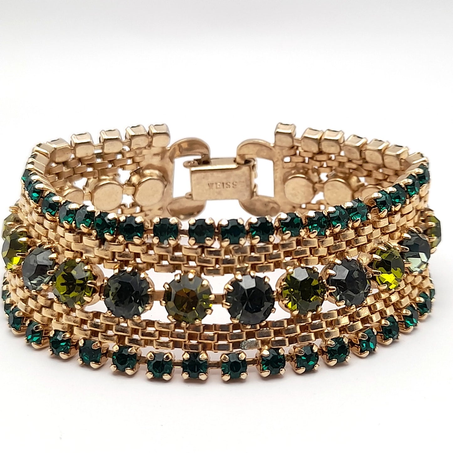 Vintage Weiss Green Rhinestone Mesh Bracelet - Elegant Glamour