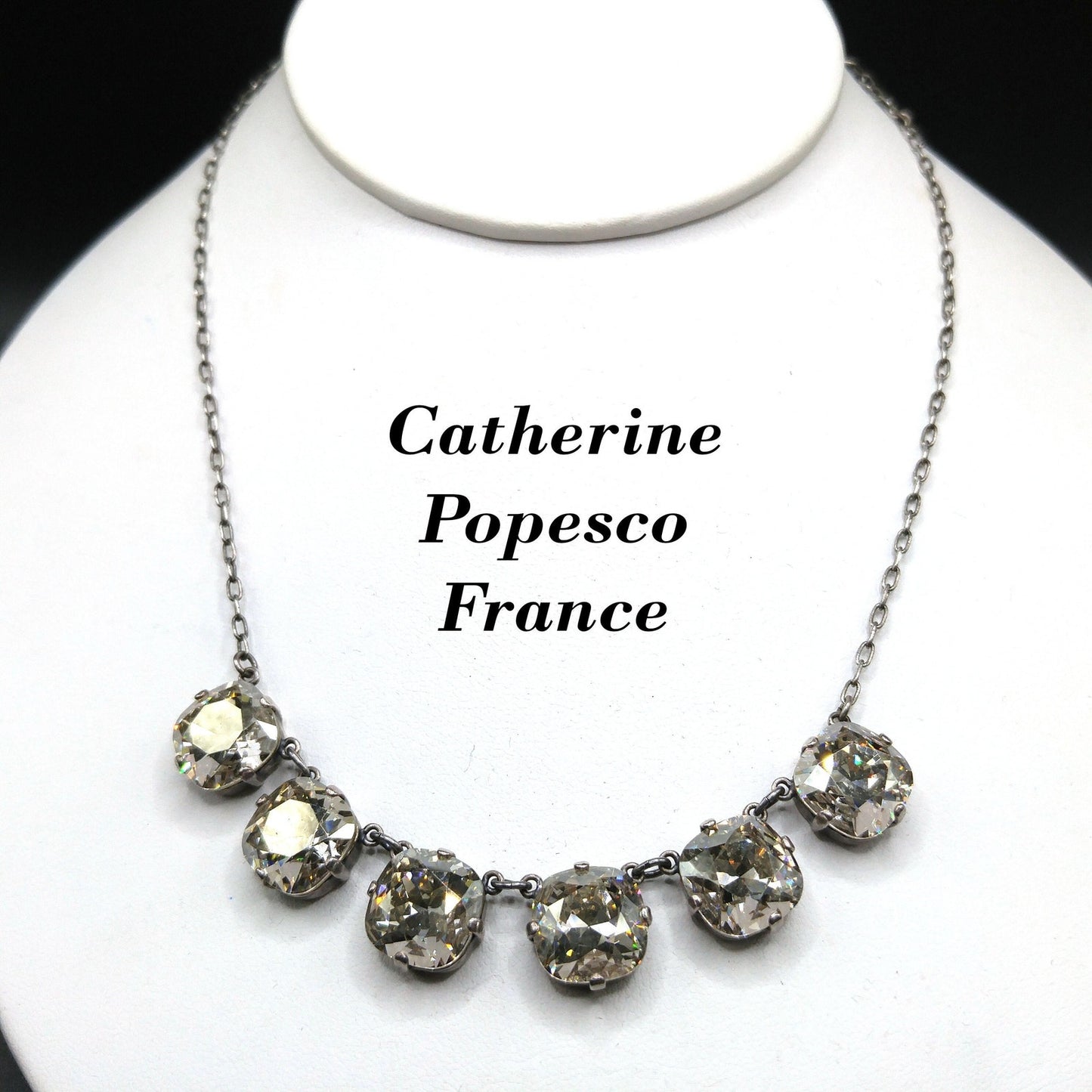 Catherine Popesco Art Deco Style Necklace, Clear Crystal Rhinestones, Silver Plated French Jewelry, 1980s Vintage Necklace