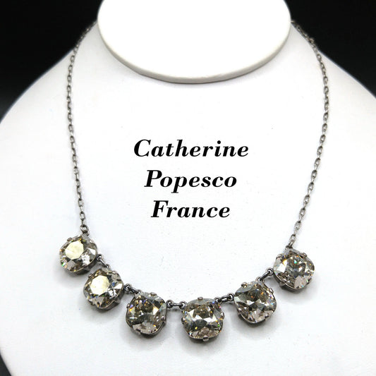 Catherine Popesco Art Deco Style Necklace, Clear Crystal Rhinestones, Silver Plated French Jewelry, 1980s Vintage Necklace