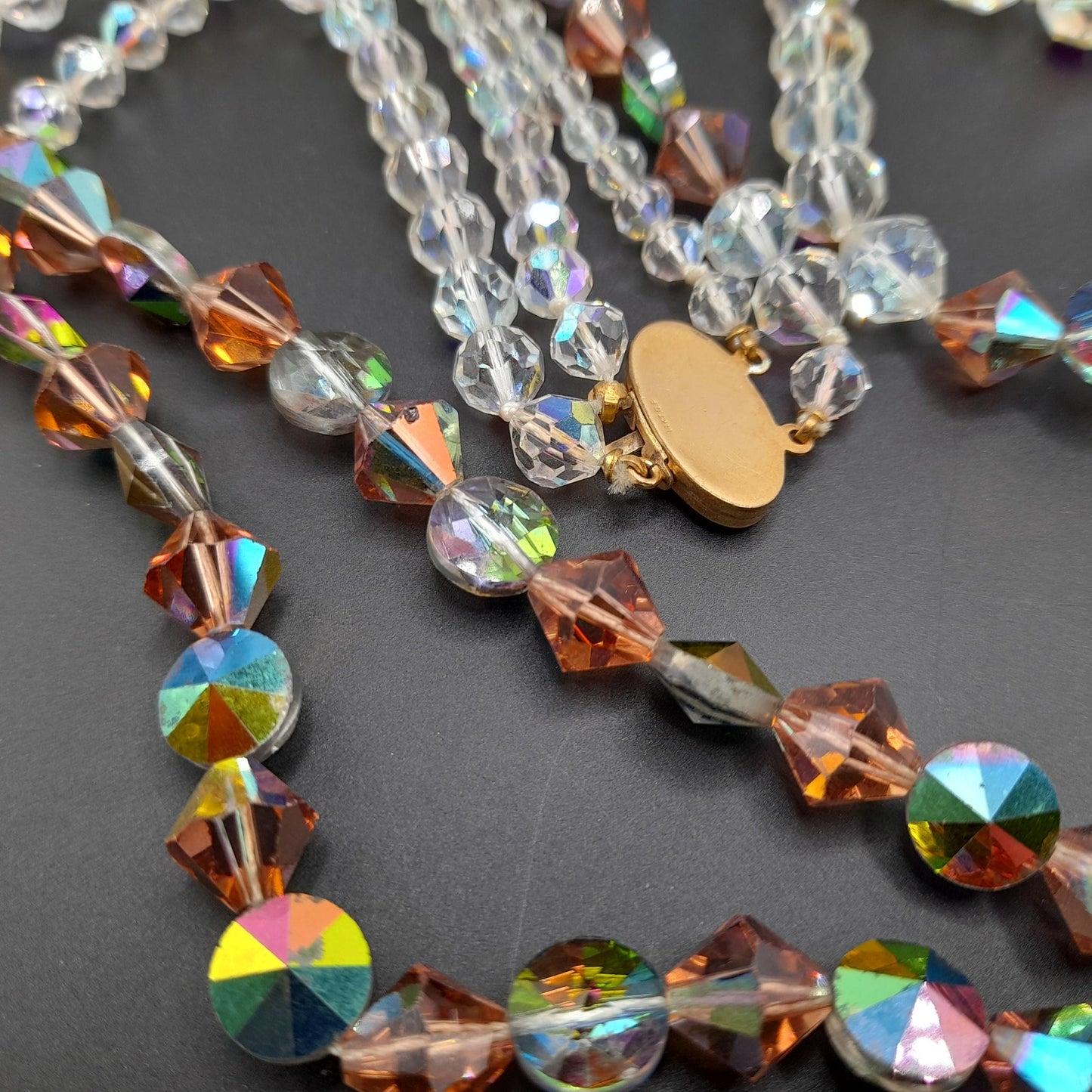 Vintage Crystal Bead Long Necklace, Asymmetrical Clear AB Topaz Crystals, 26"