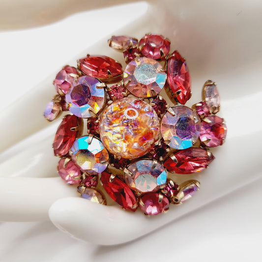 Vintage Pink Rhinestone Brooch, Dragon’s Breath Glass, Gold Tone, 1950s