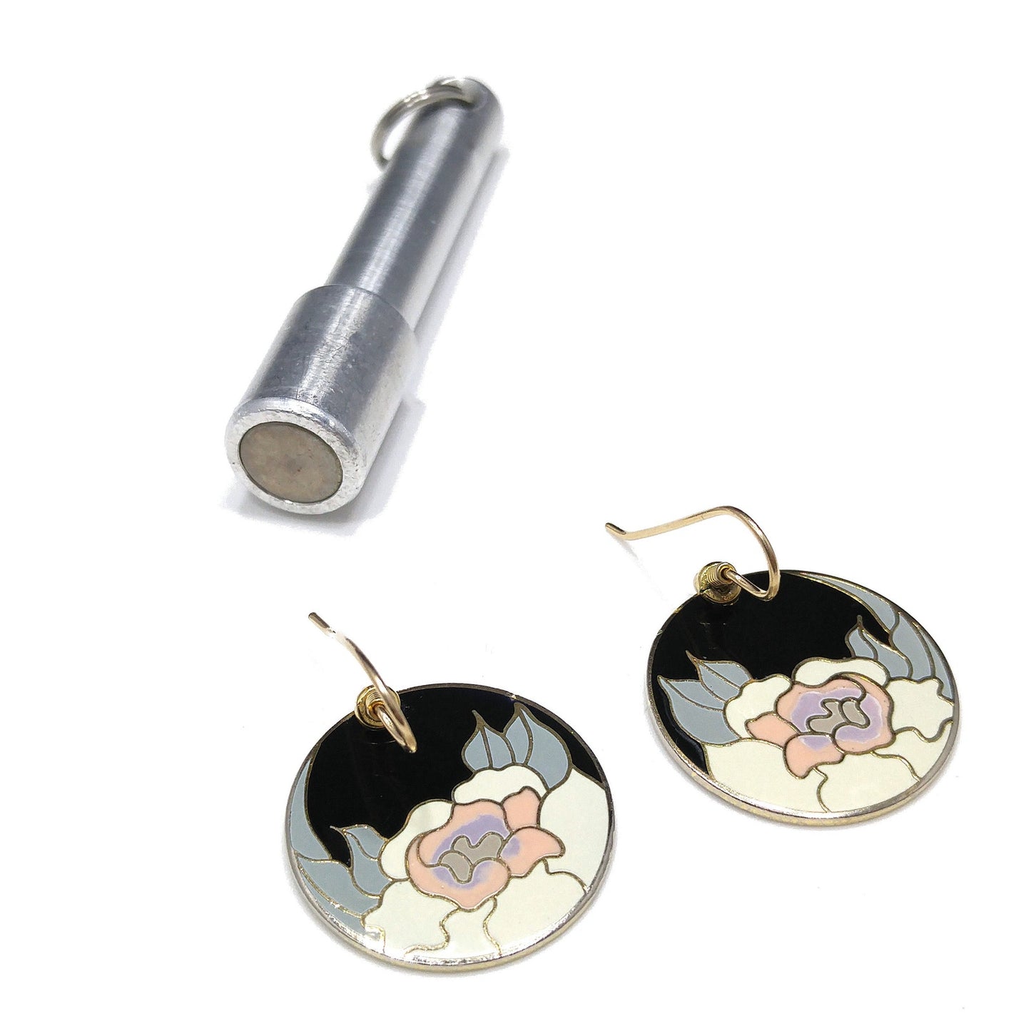 Vintage Laurel Burch "Garden Rose" Earrings, Gold Plated Cloisonné
