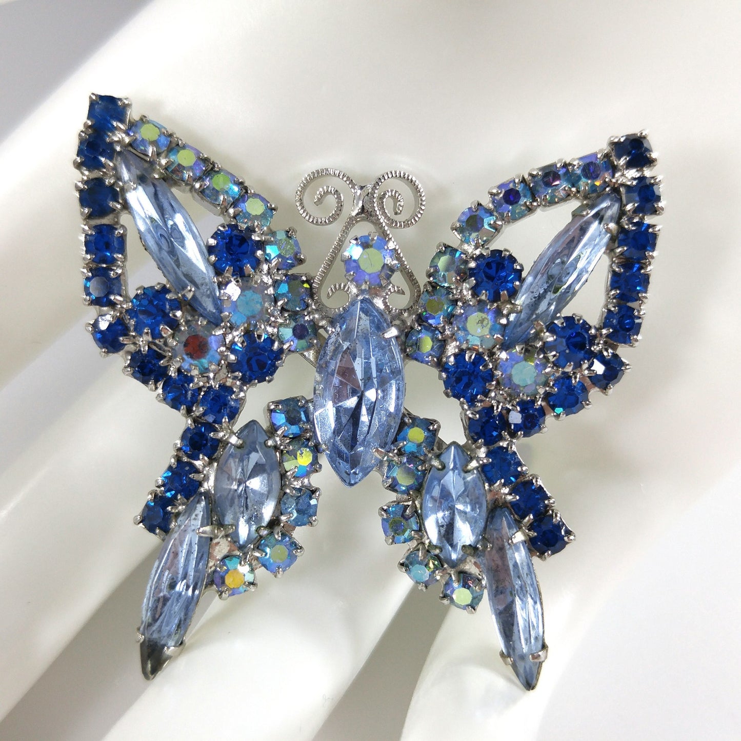 Blue Butterfly Brooch, Aurora Borealis, Rhodium Plated, 1960s Vintage Jewelry