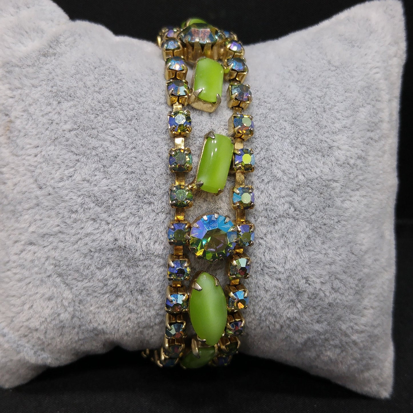 Mid-Century Green Blue AB Rhinestone Bracelet, Aurora Borealis, 1950s Vintage Jewelry