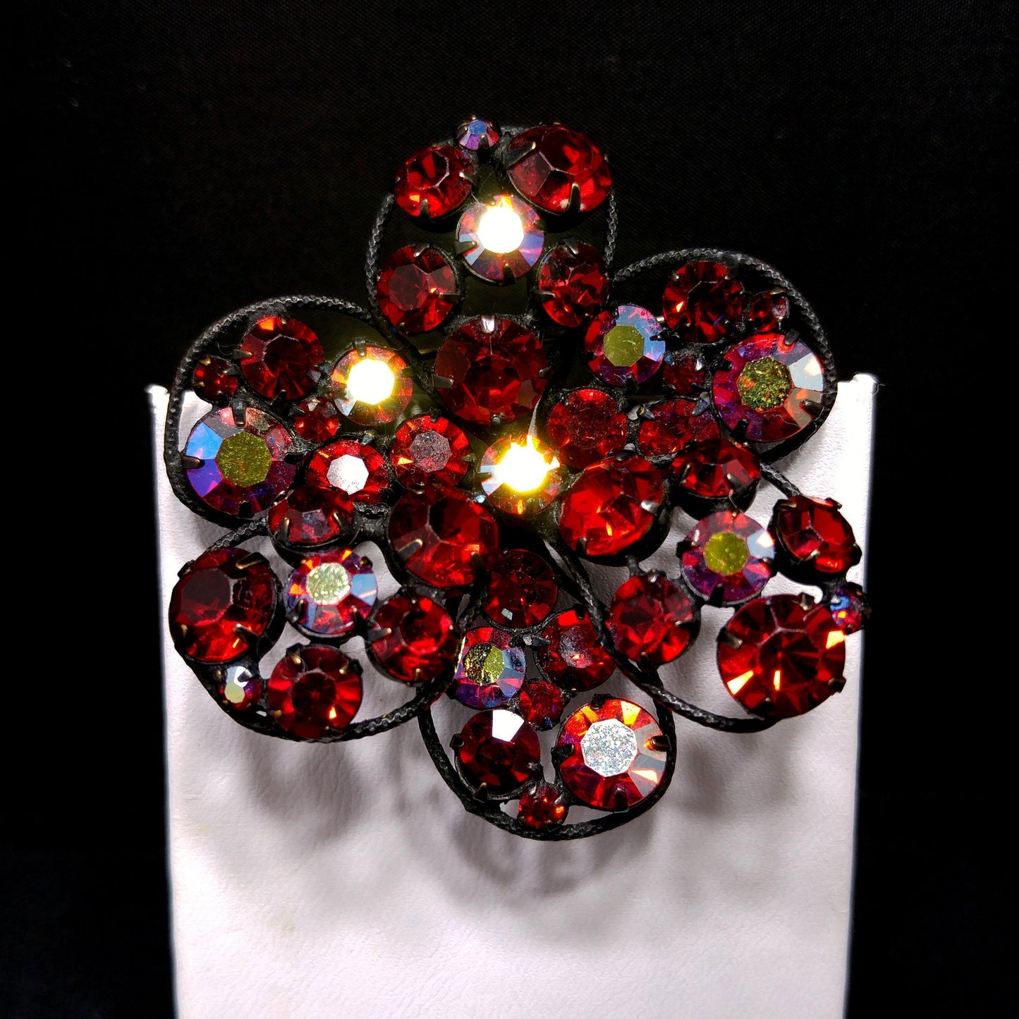 Vintage Regency Red Rhinestone Japanned Brooch, Aurora Borealis, 1960s Vintage Jewelry