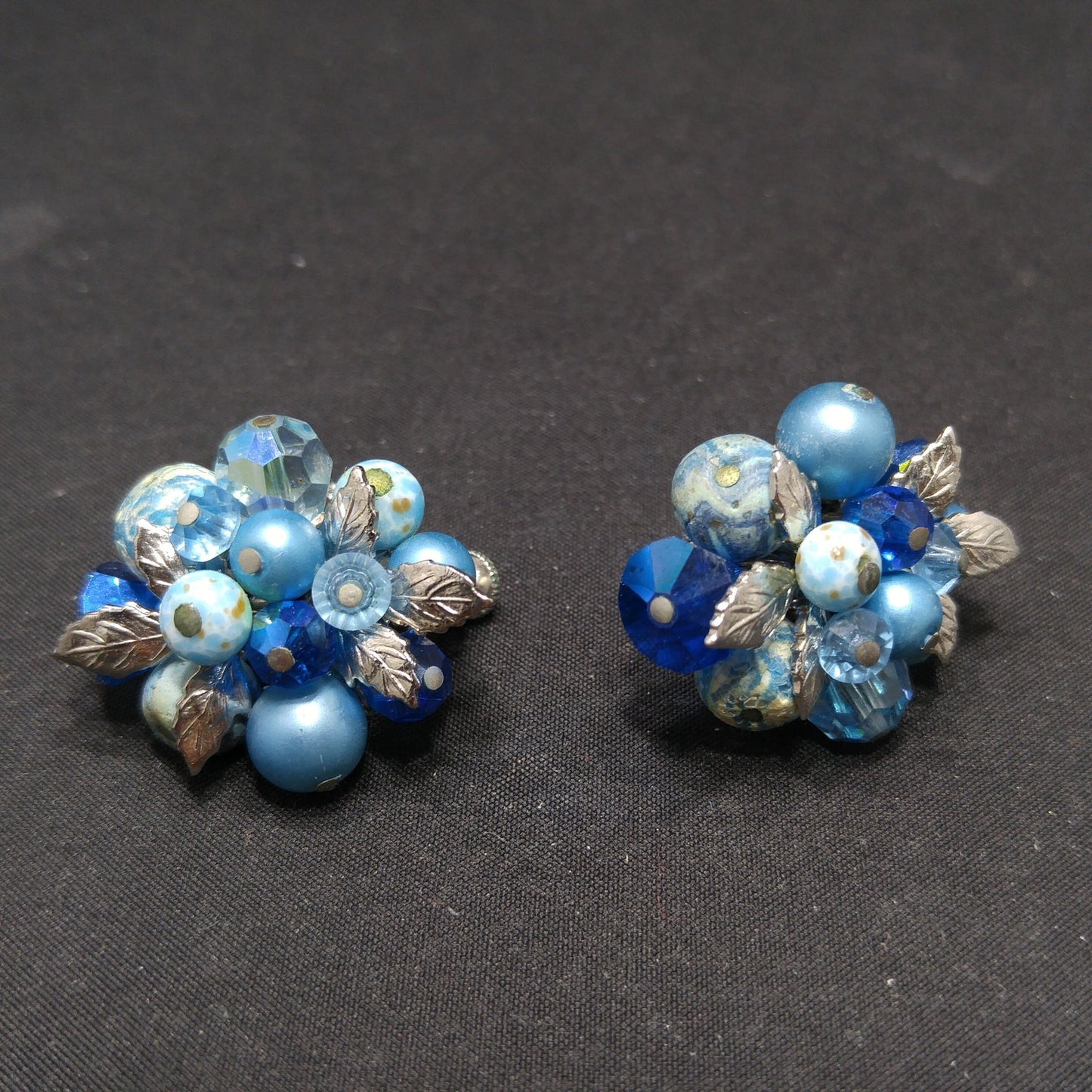 Vendome Blue Beaded Clip Earrings, Aurora Borealis, Silver Leaves, 1960s Vintage Jewelry
