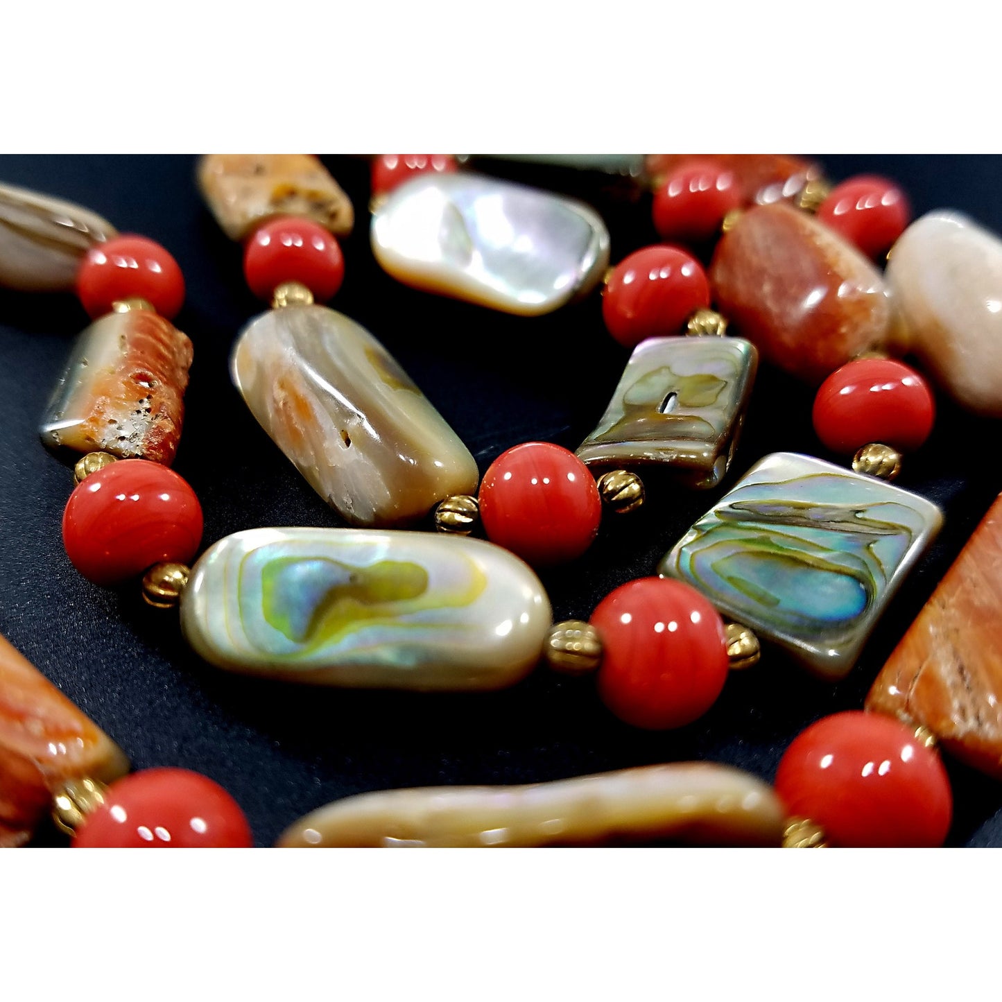 Castlecliff Abalone Beaded Necklace, Orange Glass Beads, Gold Plated Abalone Clasp, 1960s Vintage Jewelry