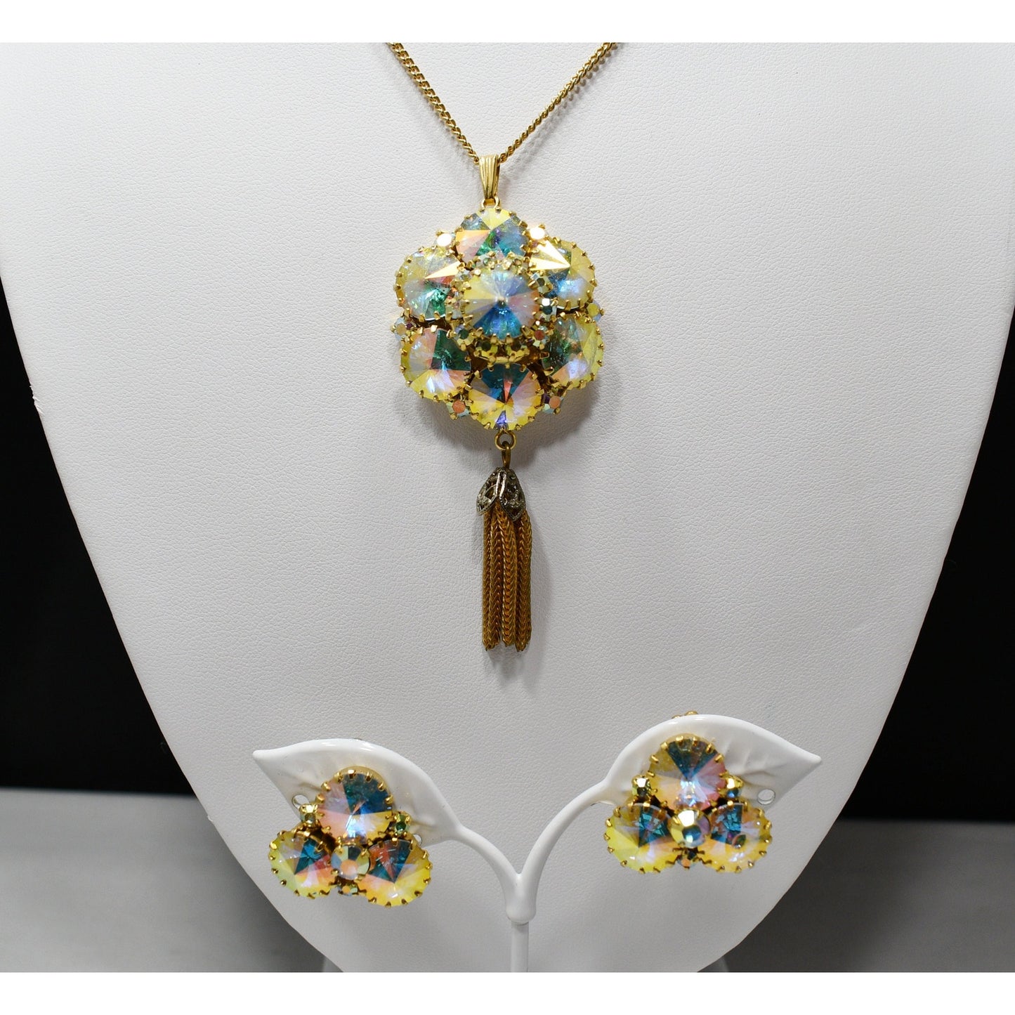 Vintage Rivoli Pendant & Earrings, Aurora Borealis Rhinestones, 1960s Vintage Jewelry