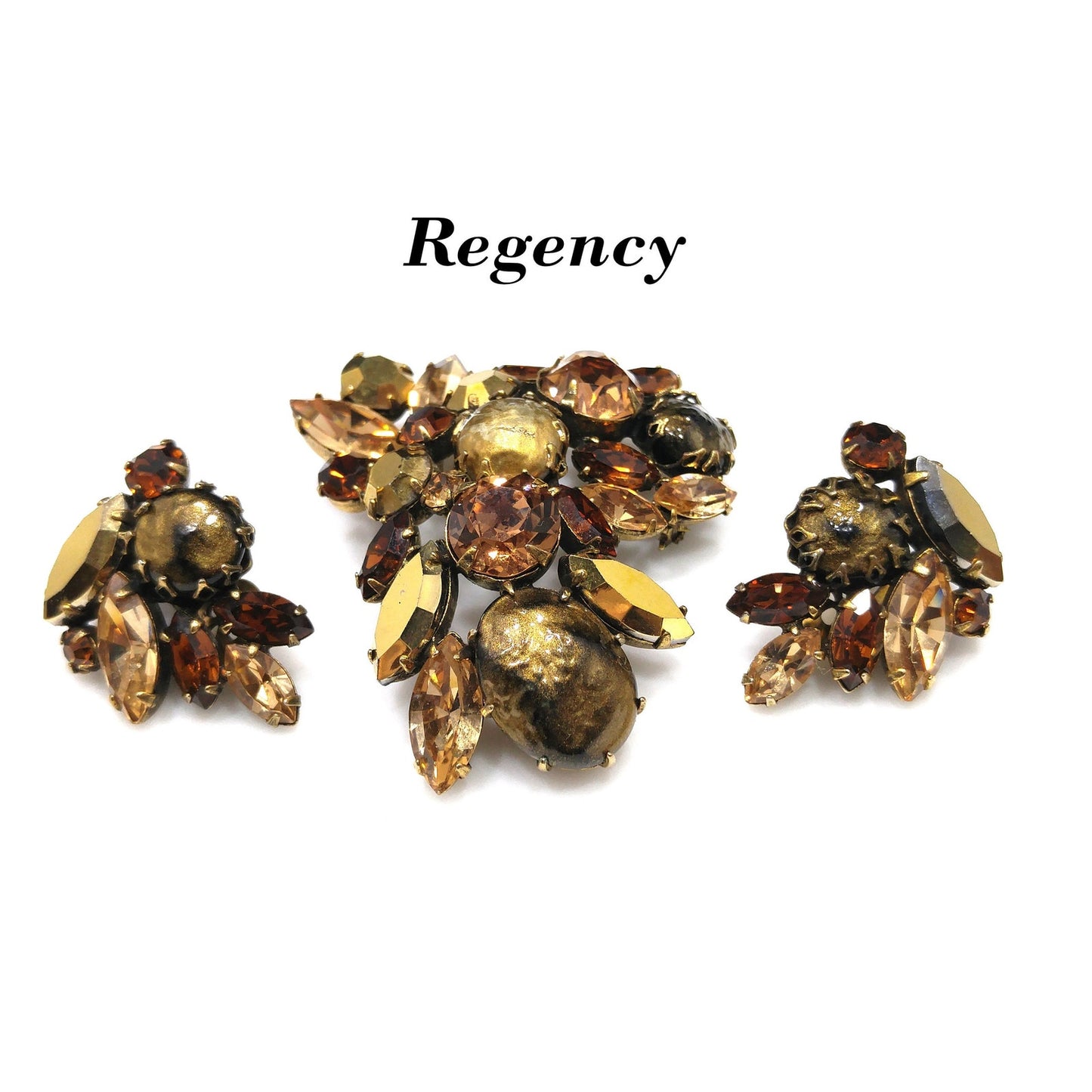 Regency Topaz & Gold Rhinestones Brooch Earrings Set, Gold Faux Pearls, 1950s Vintage Jewelry