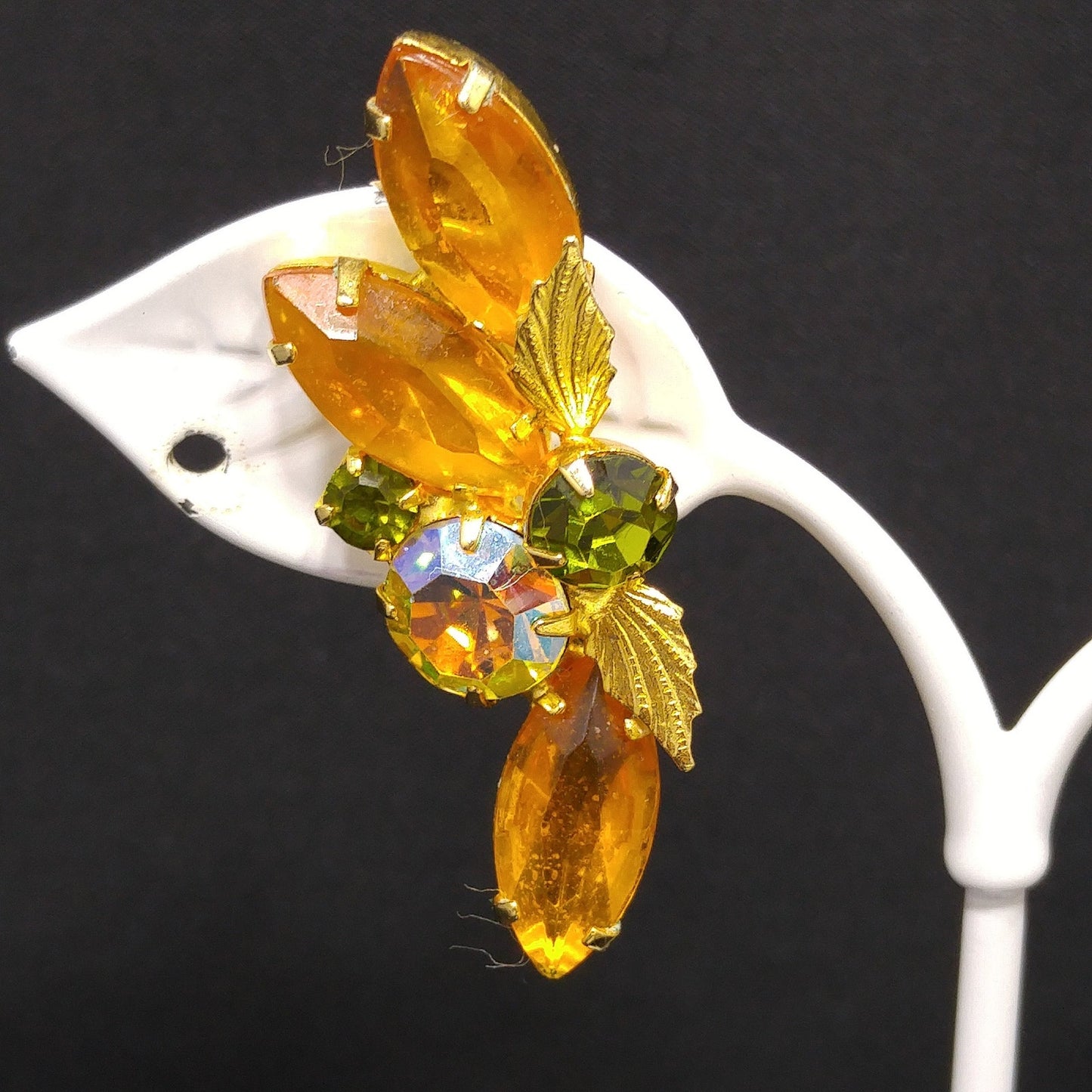 Light Topaz Green Rhinestone Brooch Earrings Set, Gold Plated, 1960s Vintage Jewelry