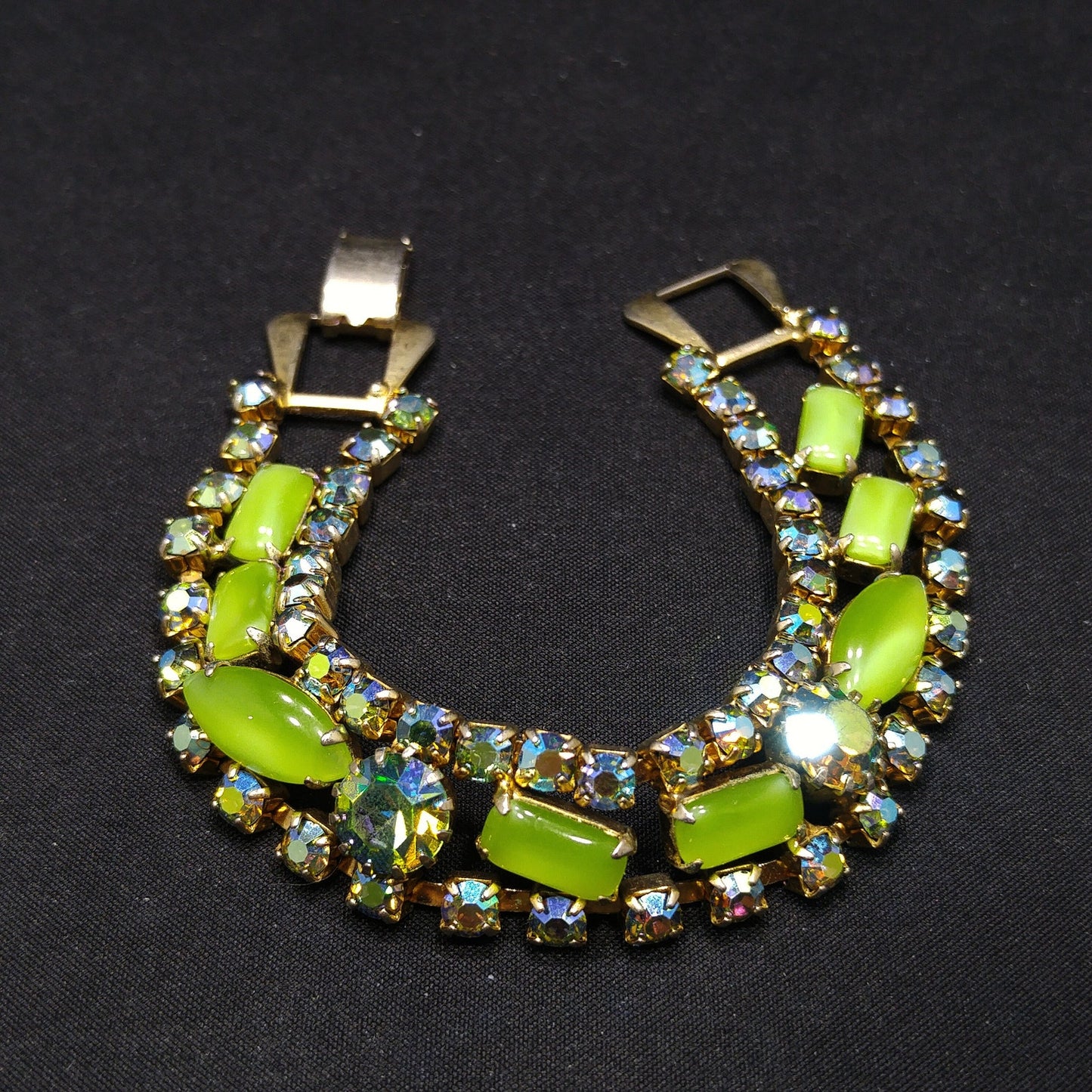 Mid-Century Green Blue AB Rhinestone Bracelet, Aurora Borealis, 1950s Vintage Jewelry
