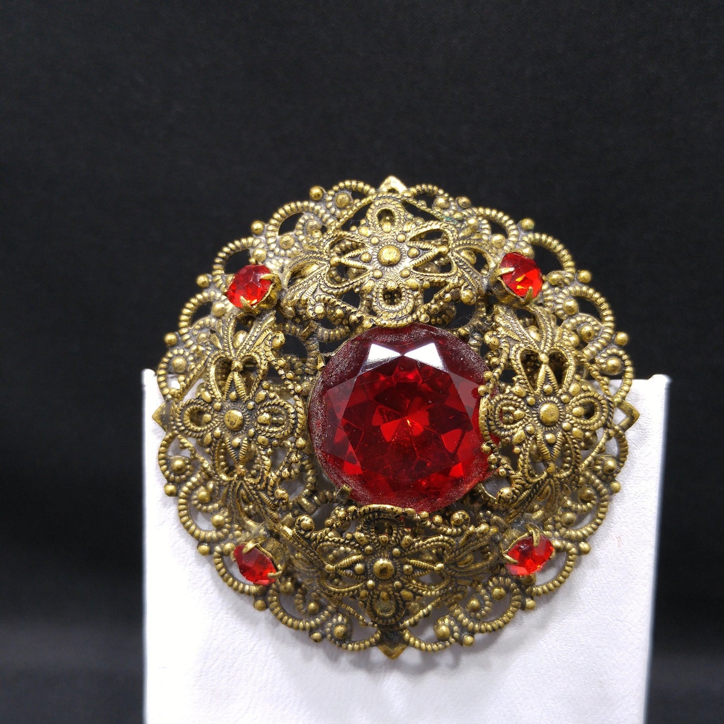 Red Rhinestone Filigree Brooch, Unmarked Germany or Czech, 1940s Vintage Jewelry