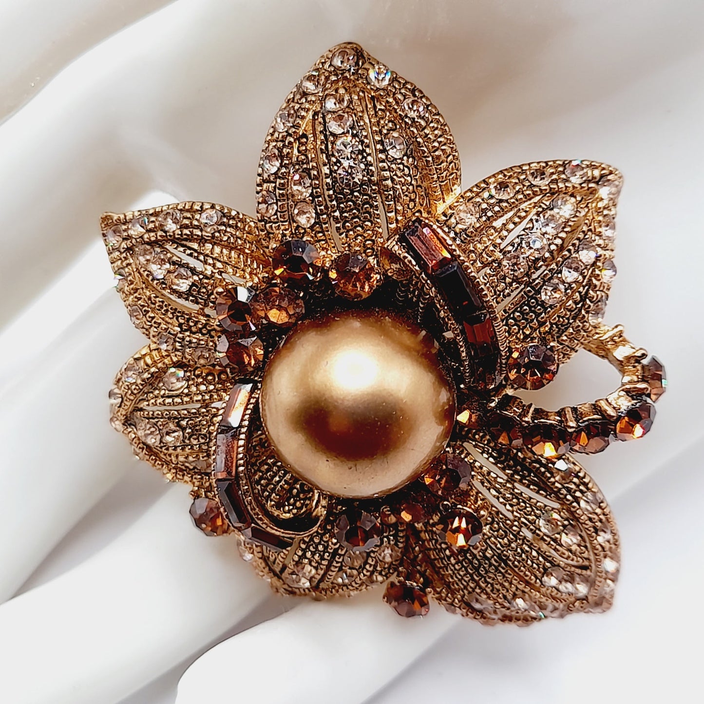 Vintage BJ Rhinestone Faux Pearl Flower Brooch or Pendant - 2 1/4 Inches