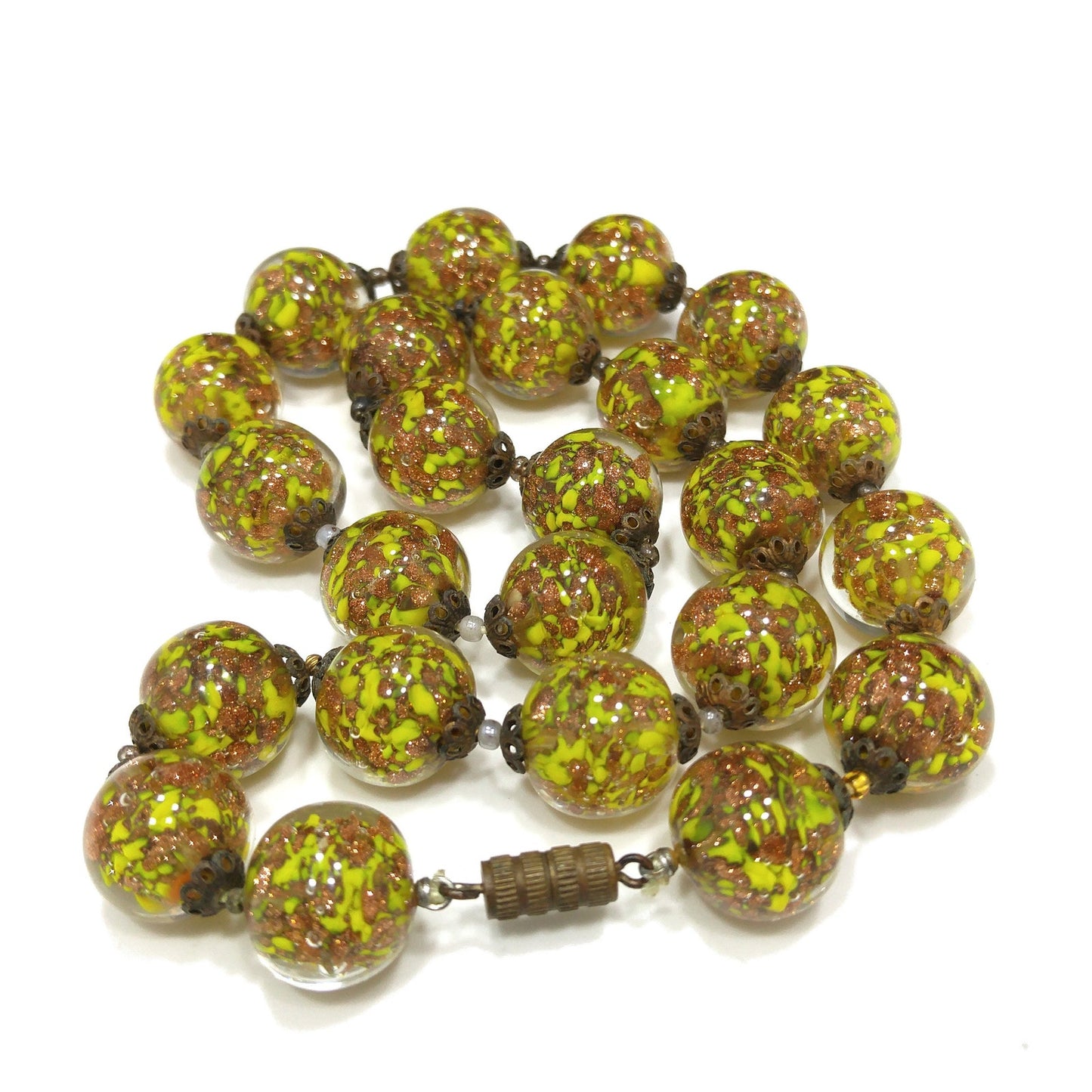 Vintage Green Venetian Glass Beaded Necklace, Copper Aventurine Italian Beads, 1930s Vintage Jewelry