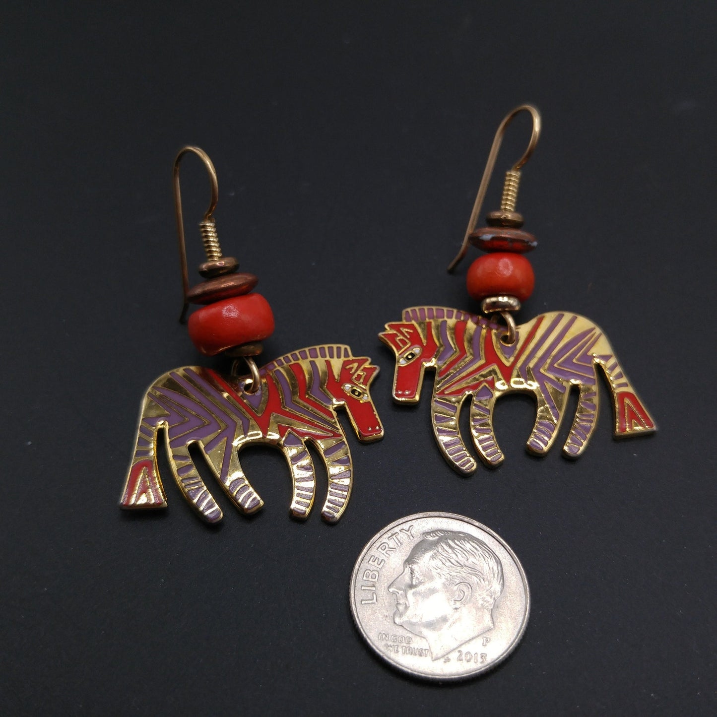 Laurel Burch "Wild Zebra" Earrings, Red Lavender Enamel, Gold Plated, 1980s Vintage Jewelry