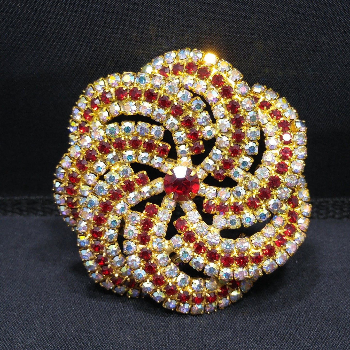 Vintage Pinwheel Rhinestones Brooch, AB Clear Red Rhinestones, Gold Plated, 1960s
