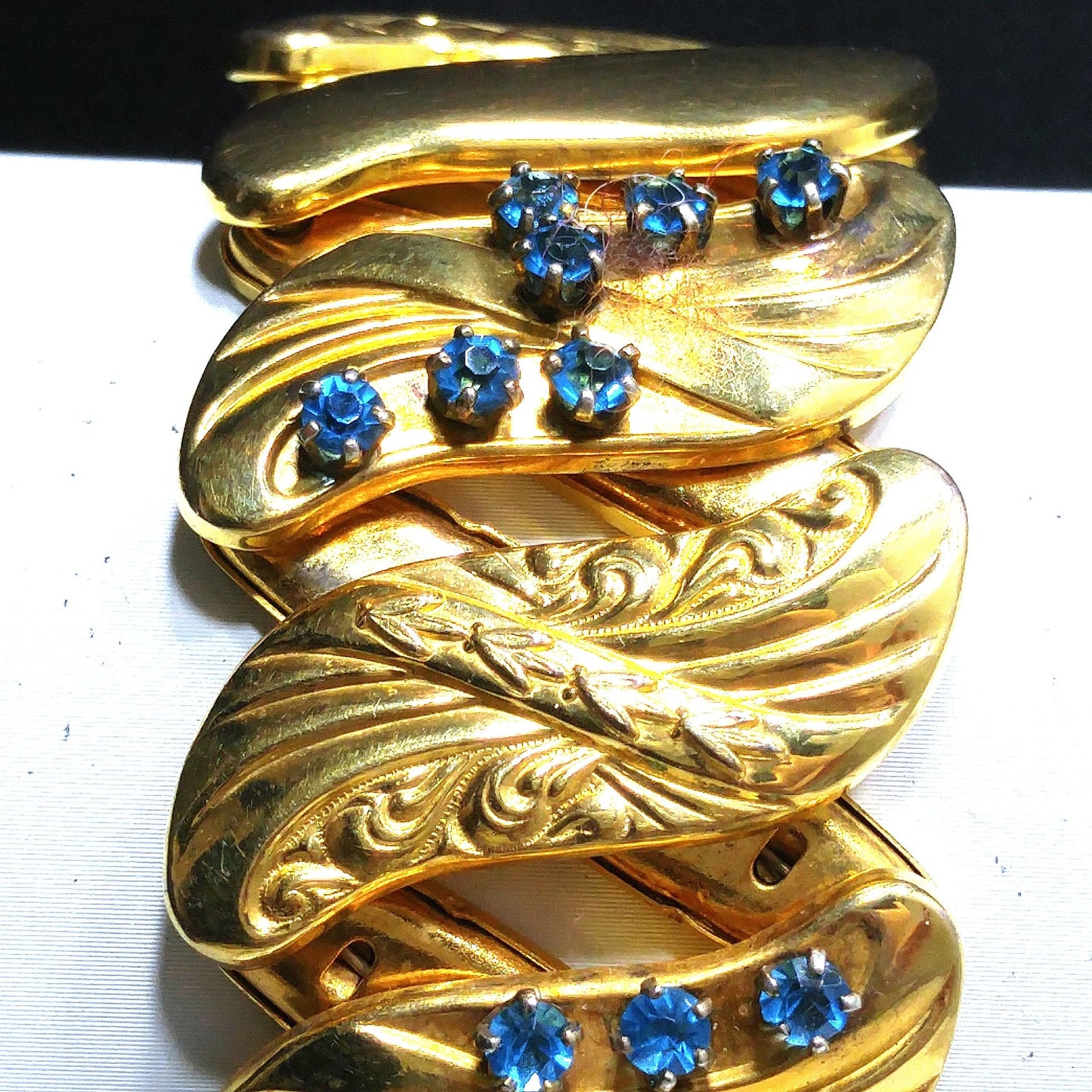 Bugbee & Niles Expansion Bracelet, Turquoise Rhinestones, 1940s Vintage Jewelry