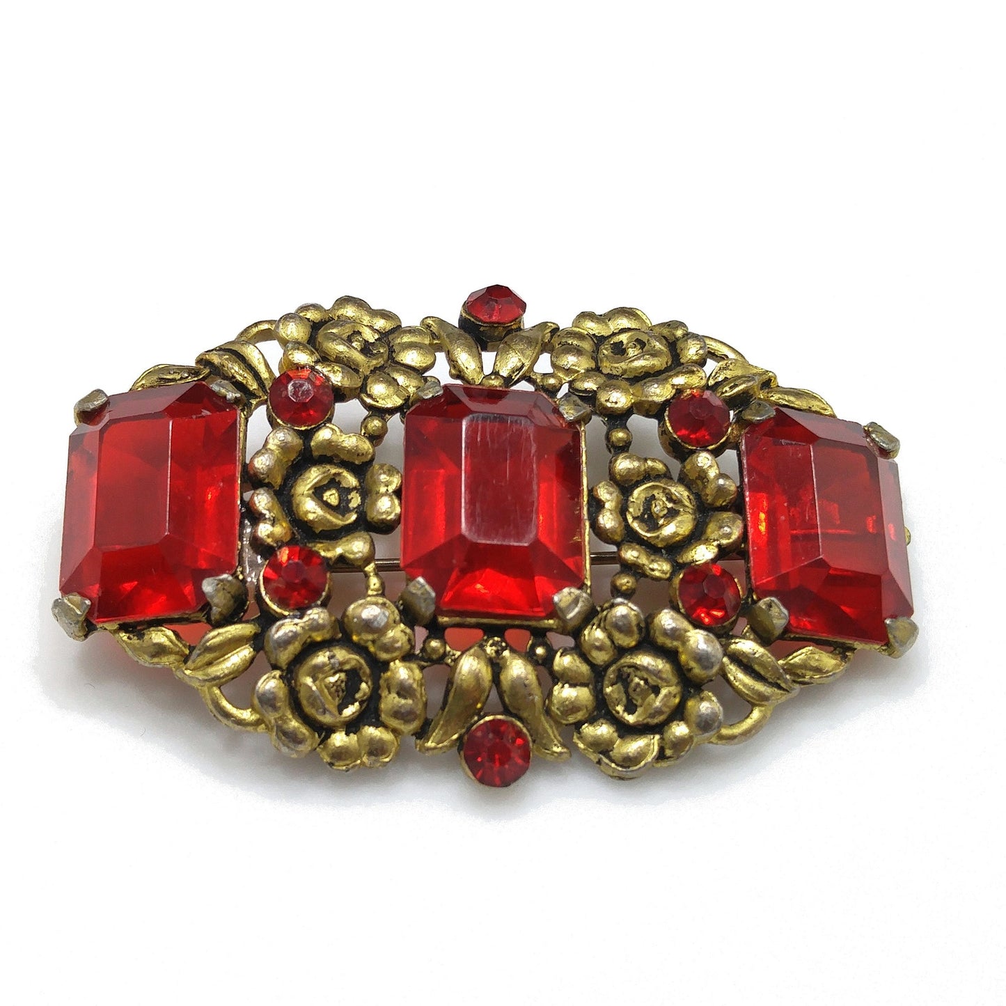 Art Nouveau Red Glass Floral Brooch, Three Red Emerald Cut Stones, 1930s Vintage Jewelry