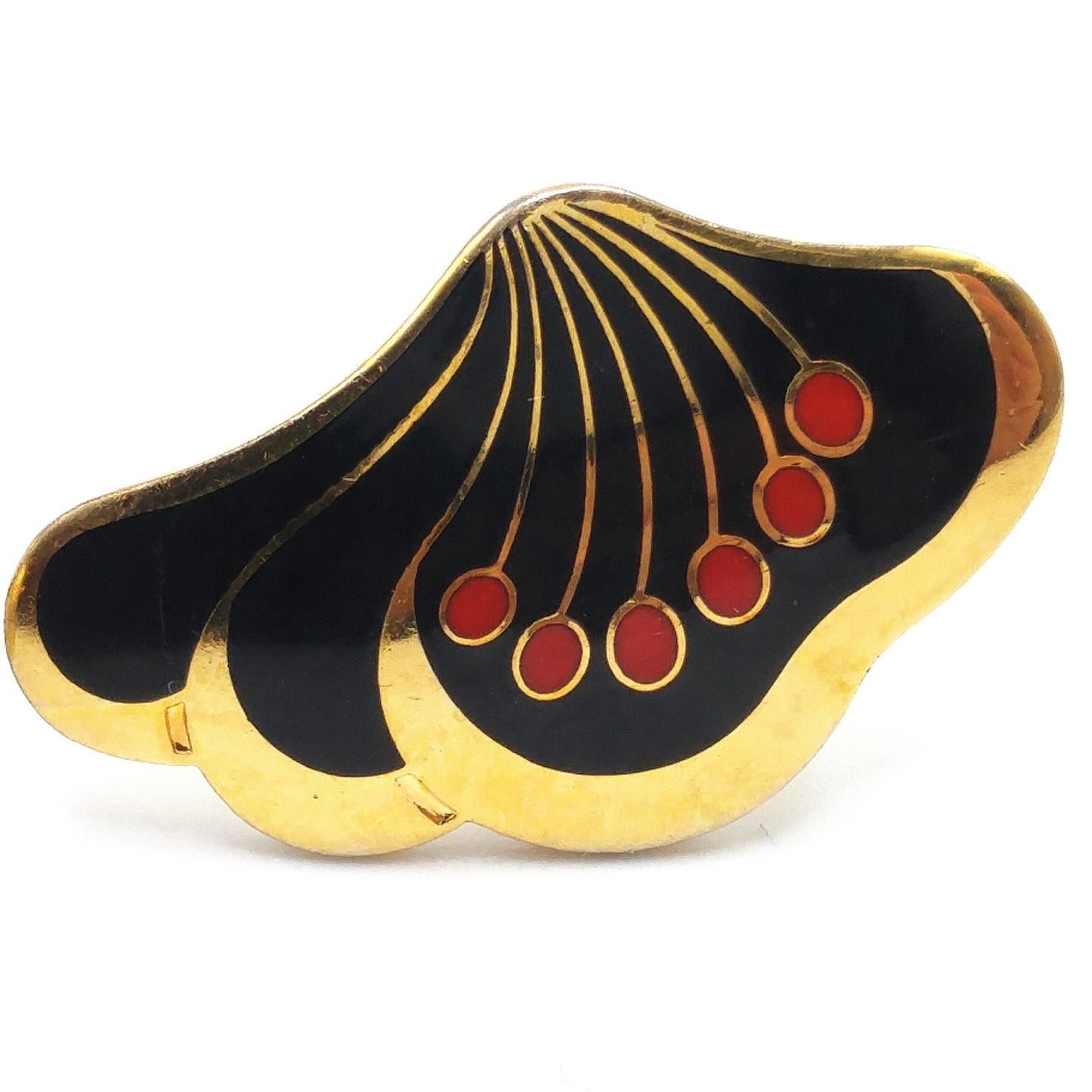 Laurel Burch "Le Fleur" Clip Earrings, Black Red Enamel, Gold Plated, 1980s