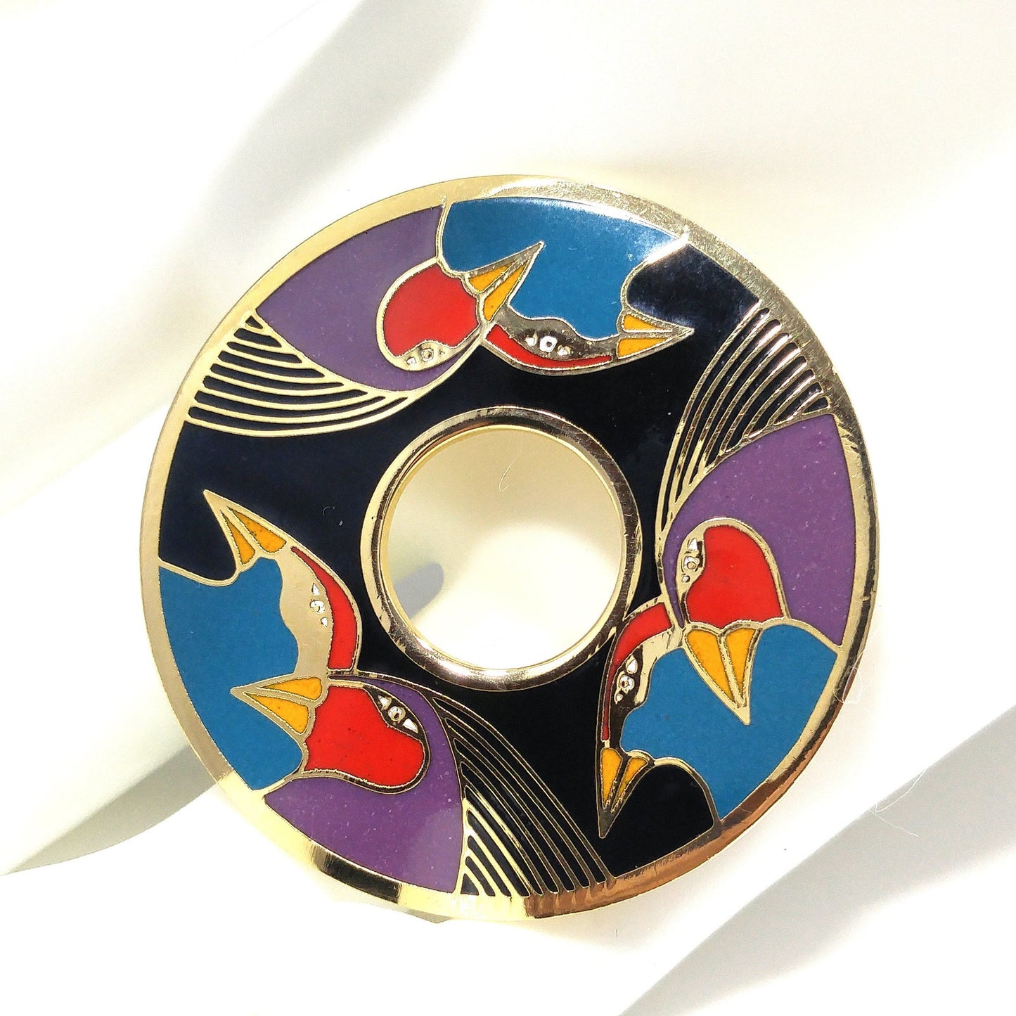 Laurel Burch "Birds of Santorini" Brooch, Cloisonné & Enamel, 1980s Vintage Jewelry