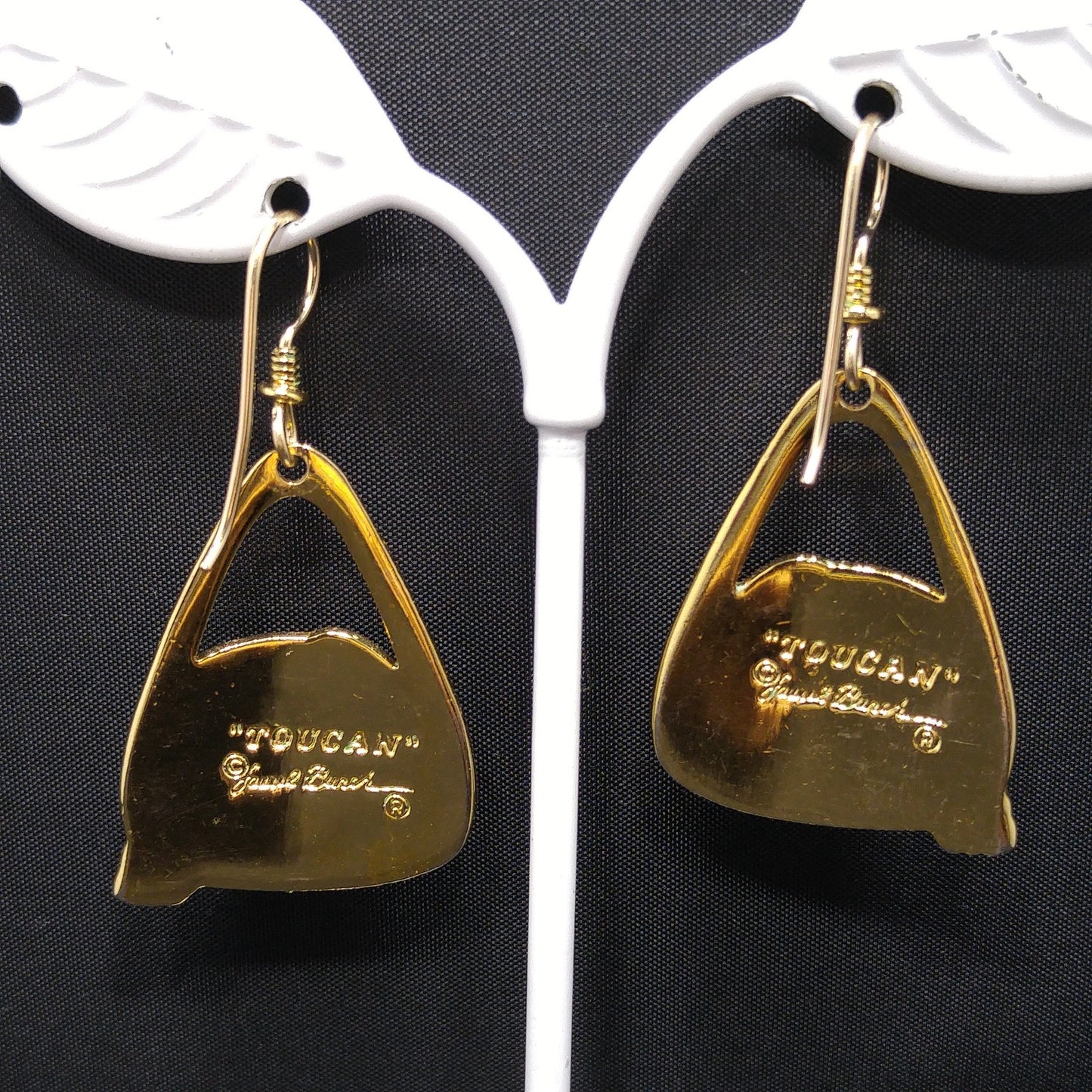 Laurel Burch Toucan Bird Earrings, Gold Plated Cloisonne Enamel, 1980s Vintage Jewelry