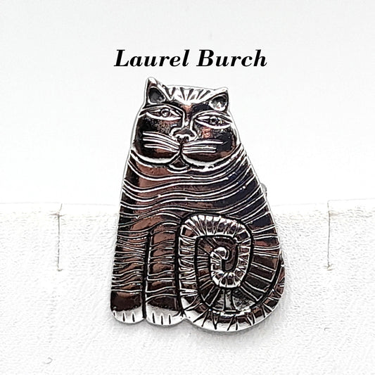 Laurel Burch Shambala Cat Brooch, Rhodium Plated, 1980s Vintage Jewelry