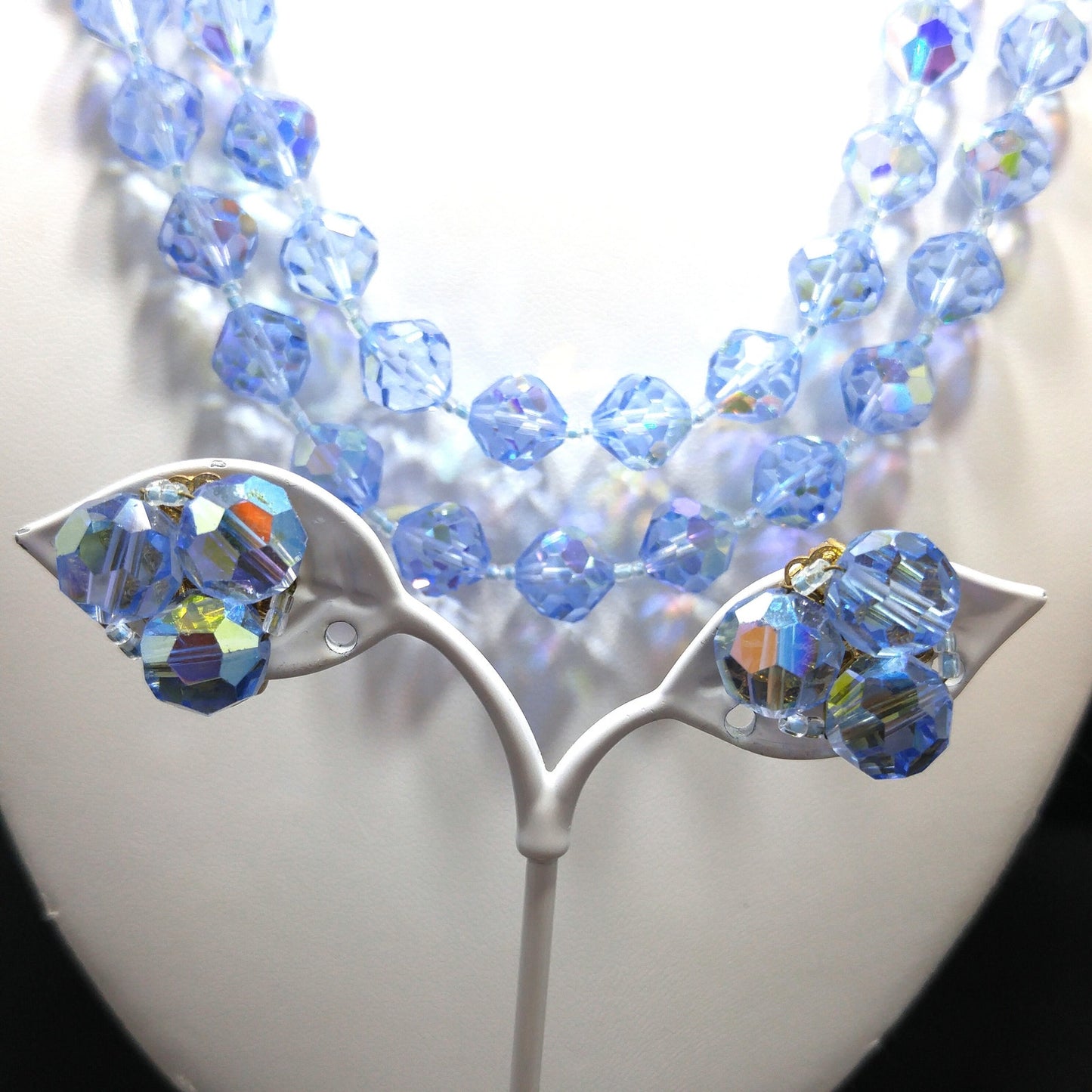 Light Blue Crystal Necklace Clip Earrings Set, Aurora Borealis, 1960s Vintage Jewelry