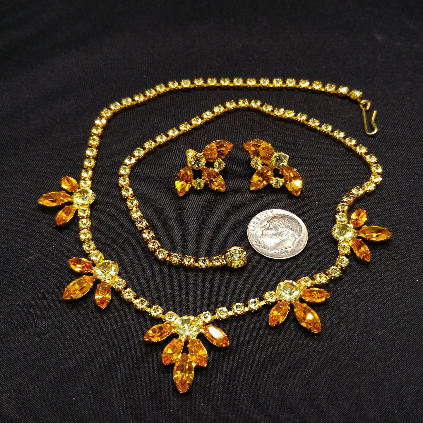 B. David Light Topaz Necklace & Earrings, Gold Plated, 1960s Vintage Jewelry