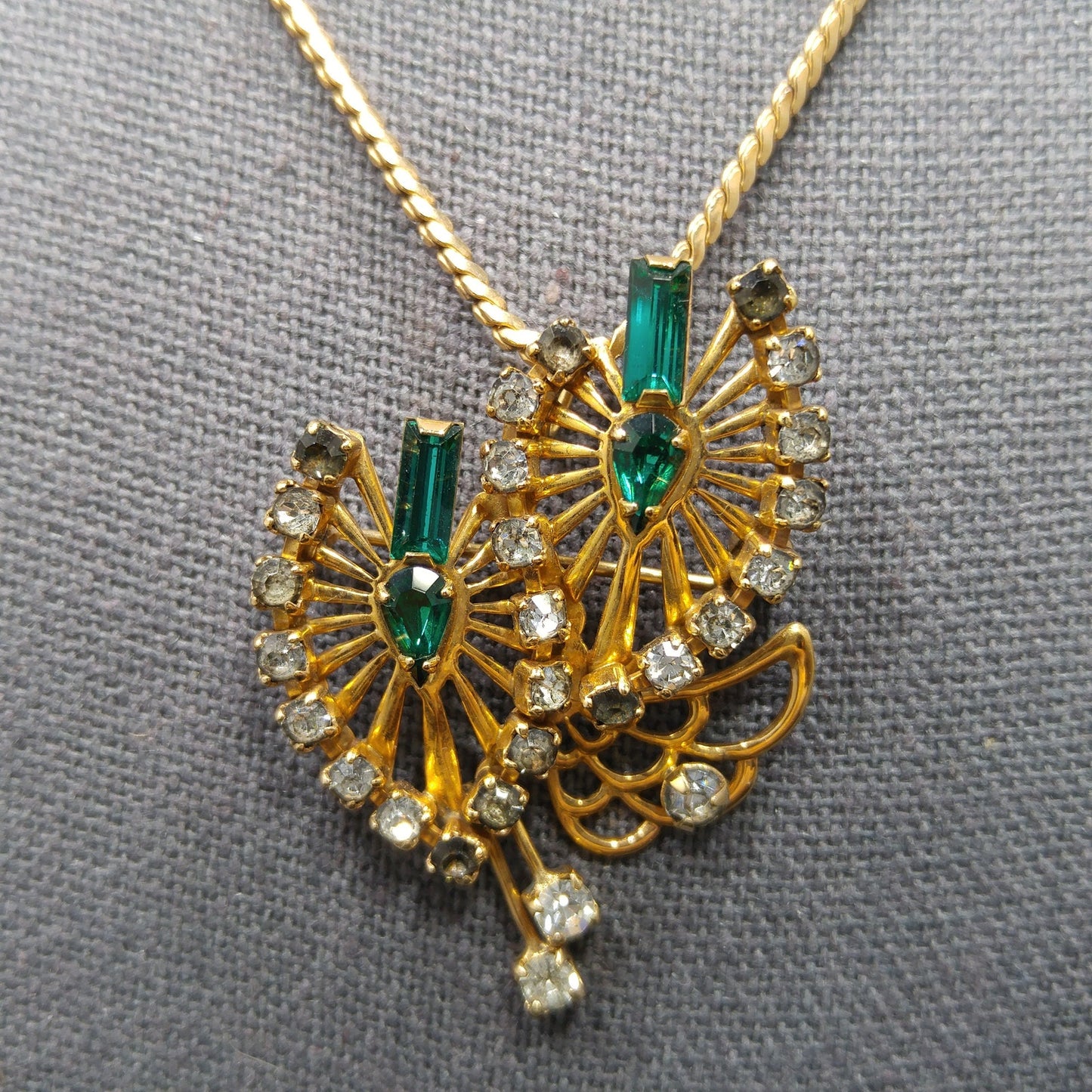 Phyllis Originals Green Rhinestone Pendant Brooch Necklace, Gold Filled, Paper Tag, 1950s Vintage Jewelry