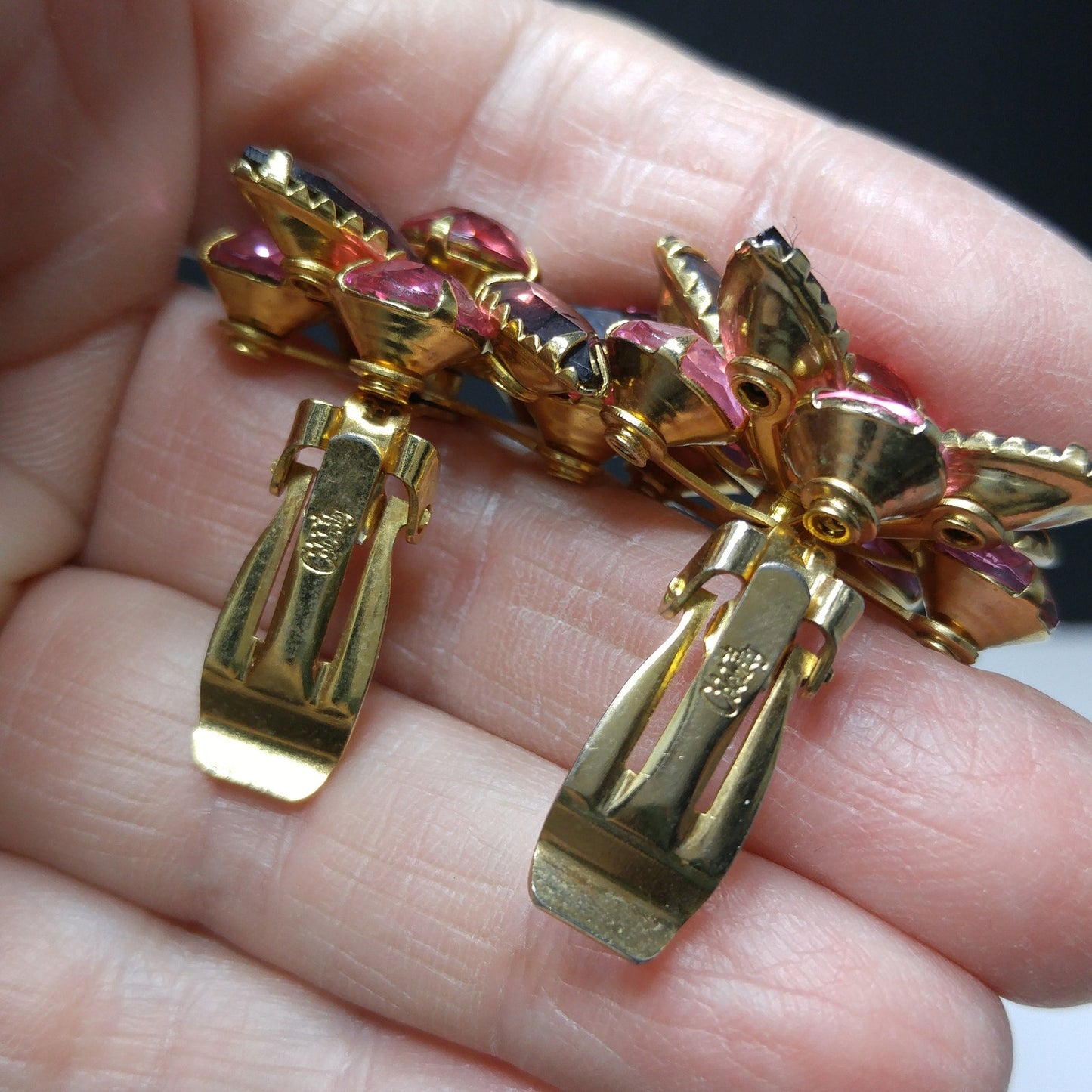 Vintage Celebrity Pink Purple Brooch & Earrings, 22K Gold Plated, 1940s