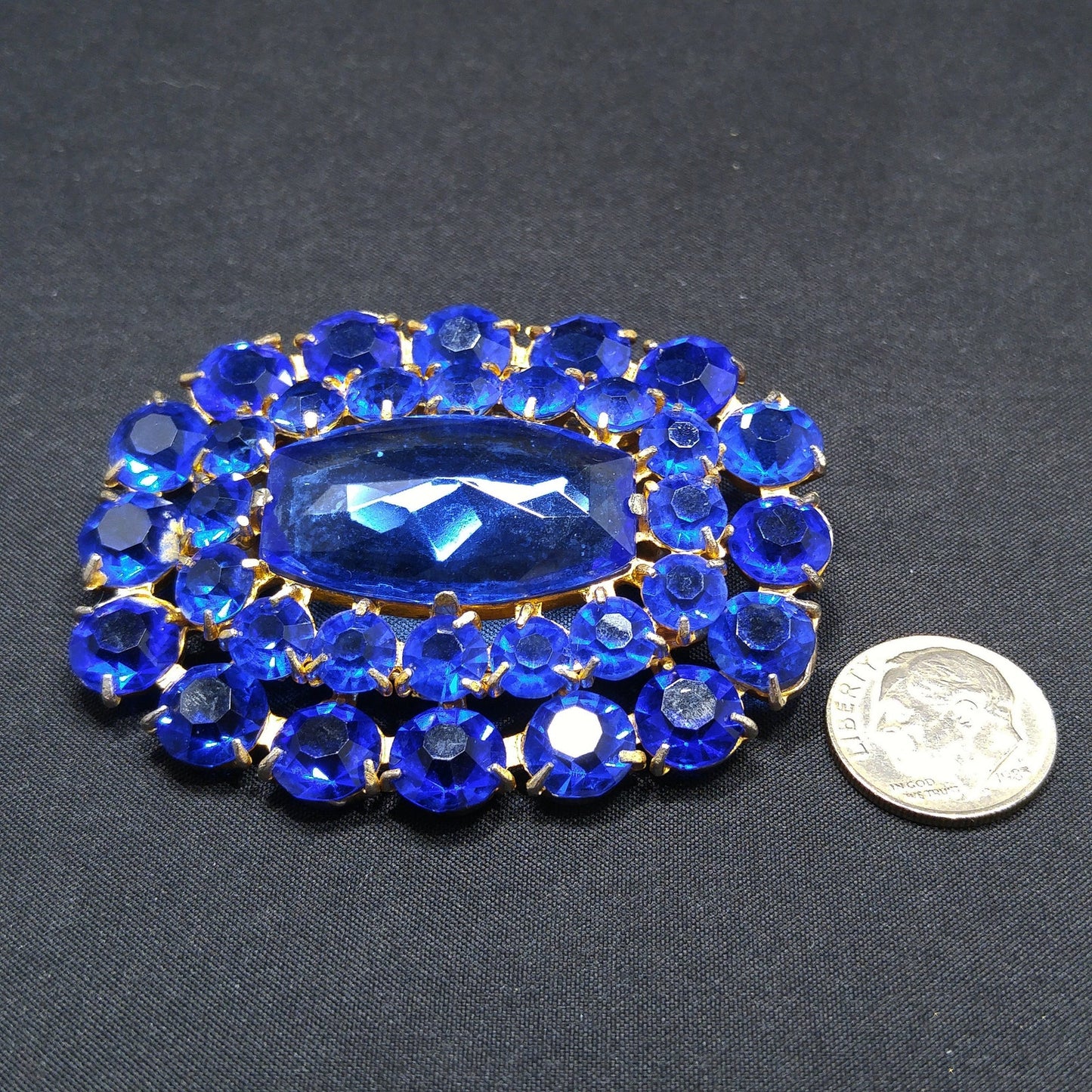 Cobalt Blue Glass Rhinestone Brooch, Large Center Blue Stone, 1940s Vintage Jewelry