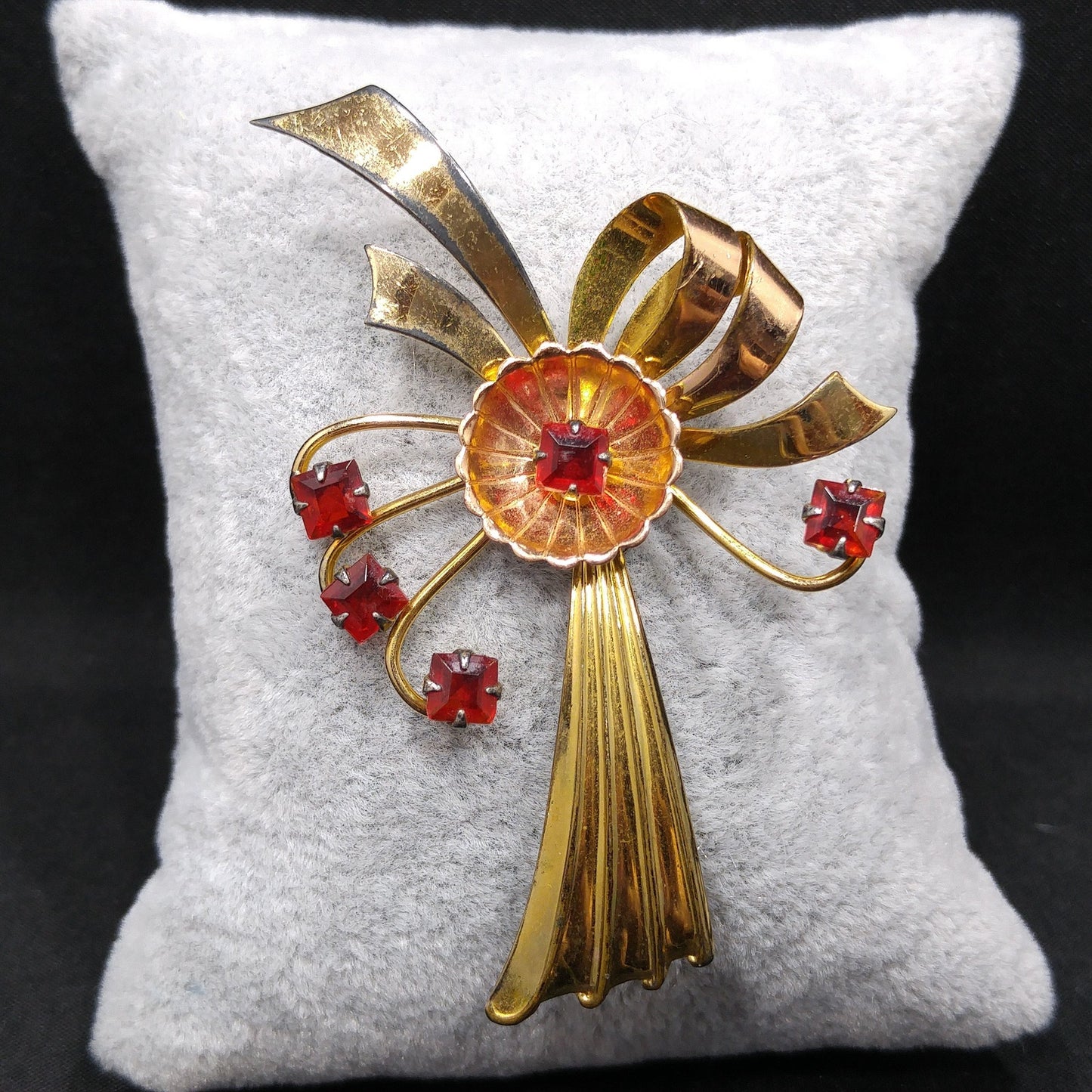 Gold Filled Bow Flower Brooch, Red Rhinestones, 1940s Vintage Jewelry