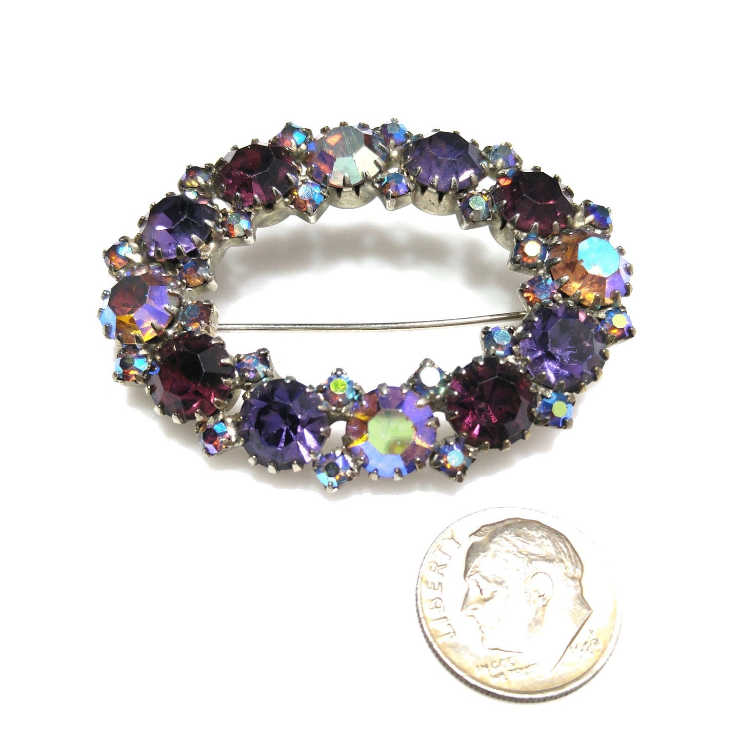 Oval Purple Aurora Borealis Lavender Rhinestone Brooch, Dog-toothed Prong Set, 1960s Vintage Jewelry