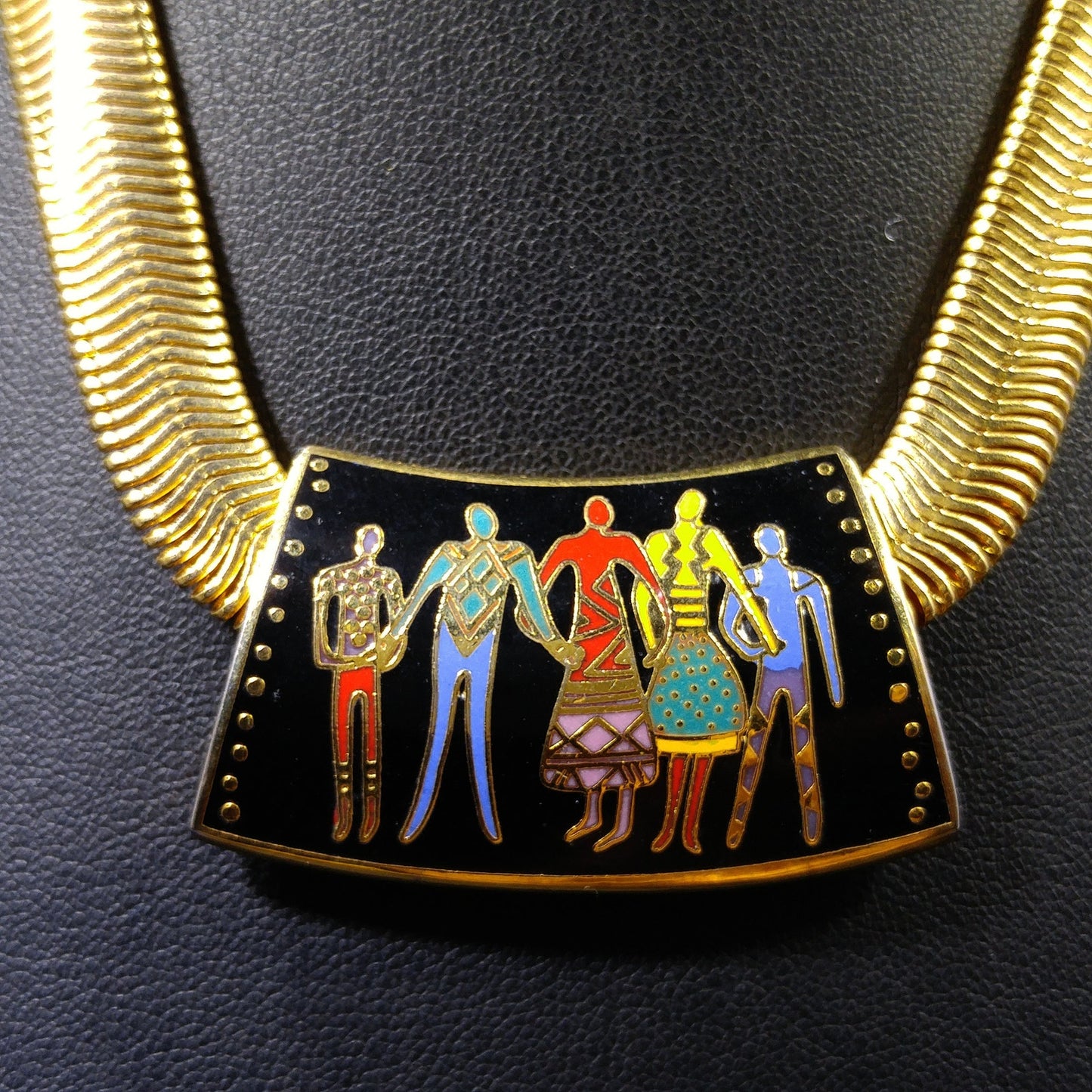 Laurel Burch "Familia" Cloisonne Necklace, Gold Plated Omega Chain, 1980s Vintage Jewelry