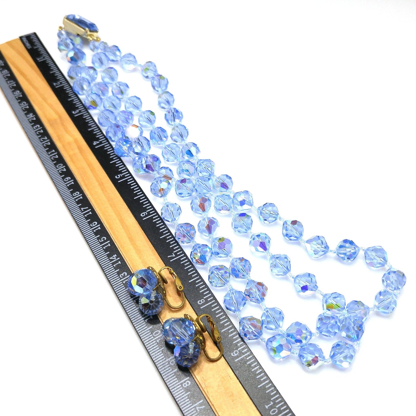 Light Blue Crystal Necklace Clip Earrings Set, Aurora Borealis, 1960s Vintage Jewelry