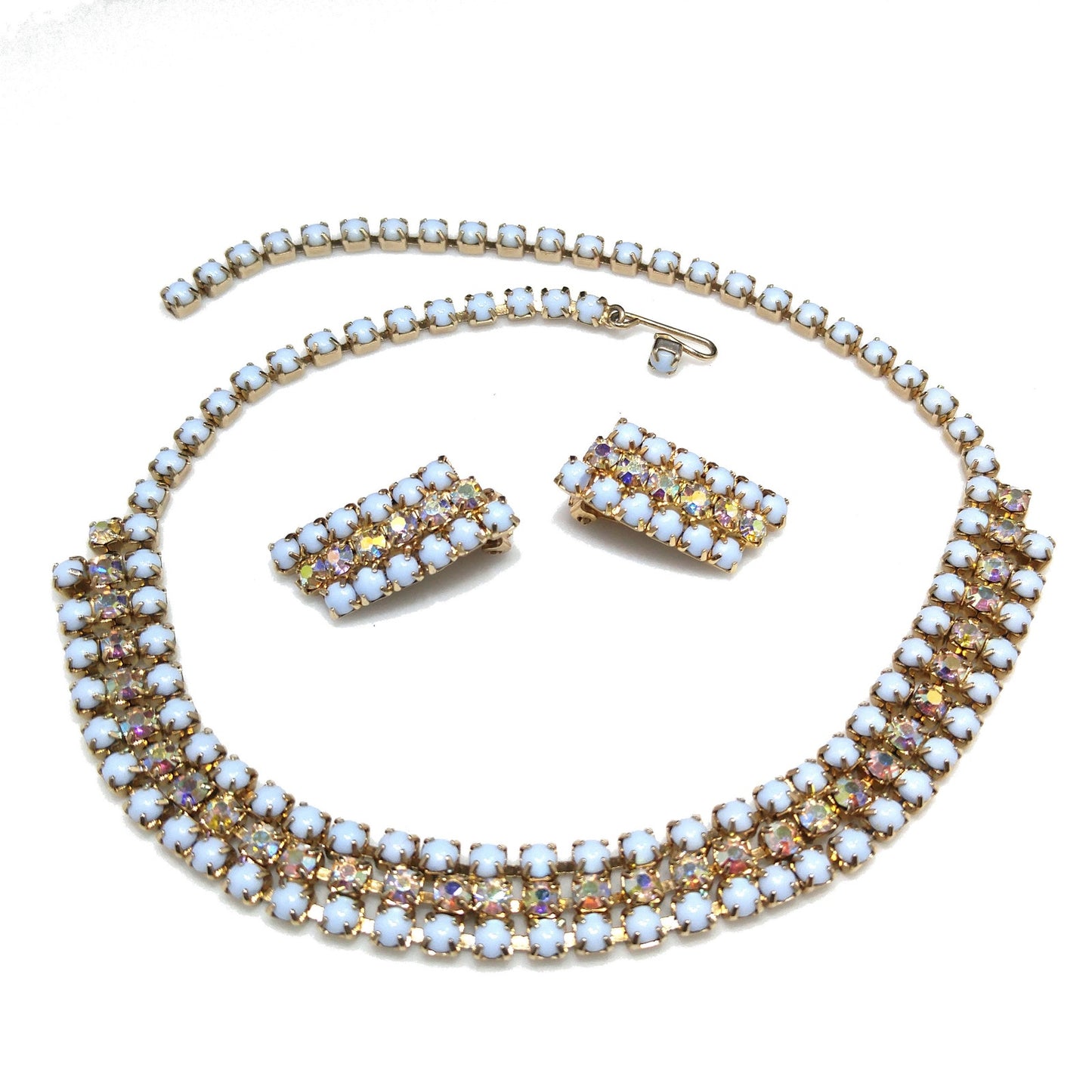 Aurora Borealis Rhinestone Necklace Earrings Set, Light Blue Cabochons, Mid Century, 1960s Vintage Jewelry