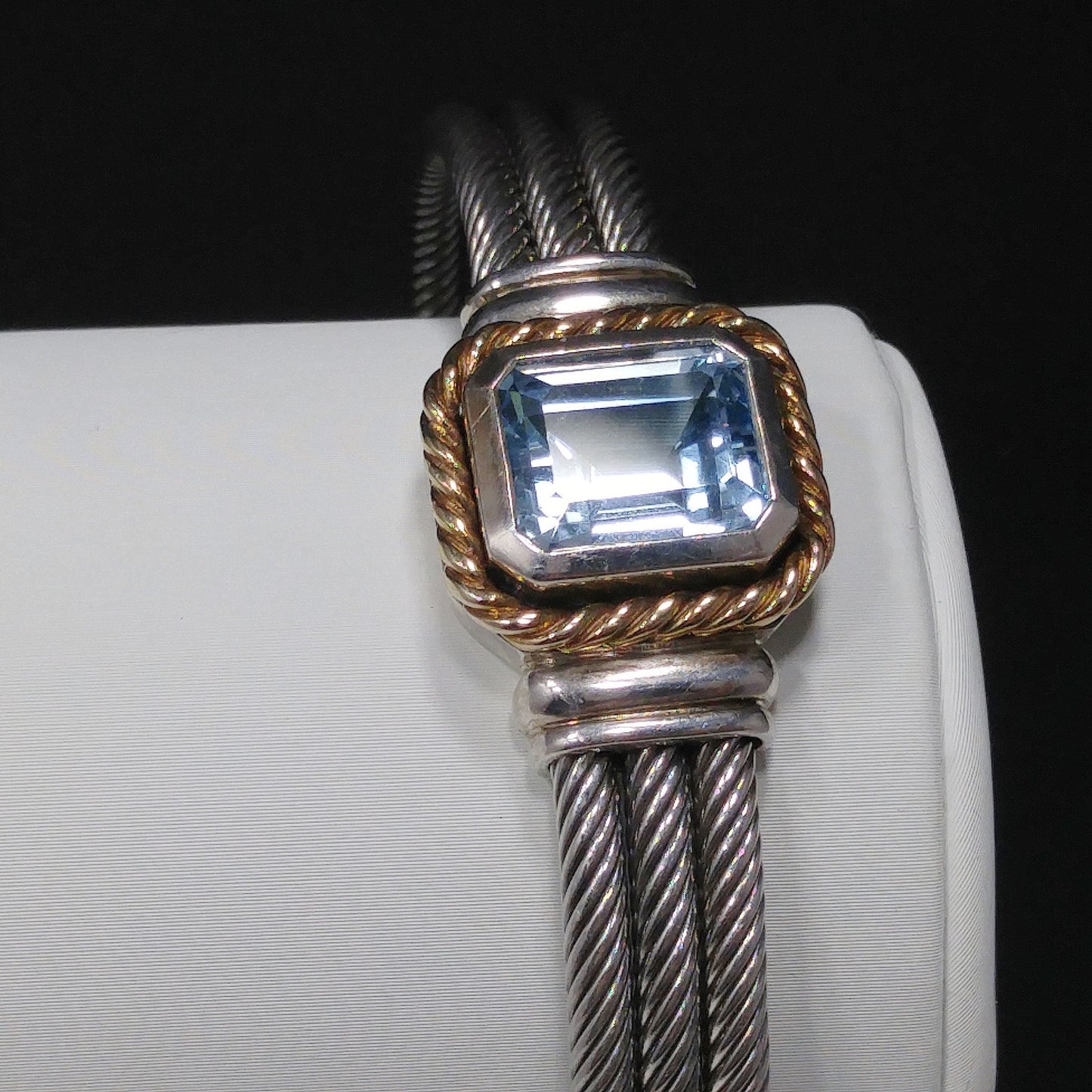 Blue Topaz Sterling Gold Trim Cuff Bracelet, Thailand 925 14K, 1990s Vintage Jewelry