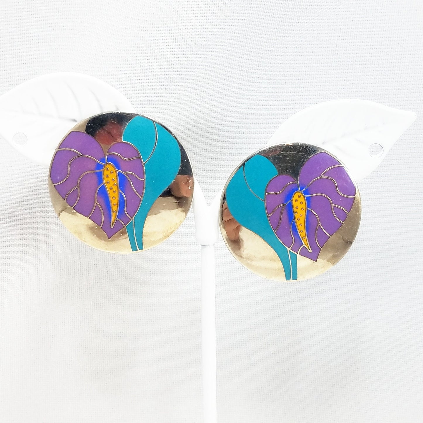 Vintage Laurel Burch "Antherium" Earrings, Rhodium Plated, 1980s Vintage Jewelry