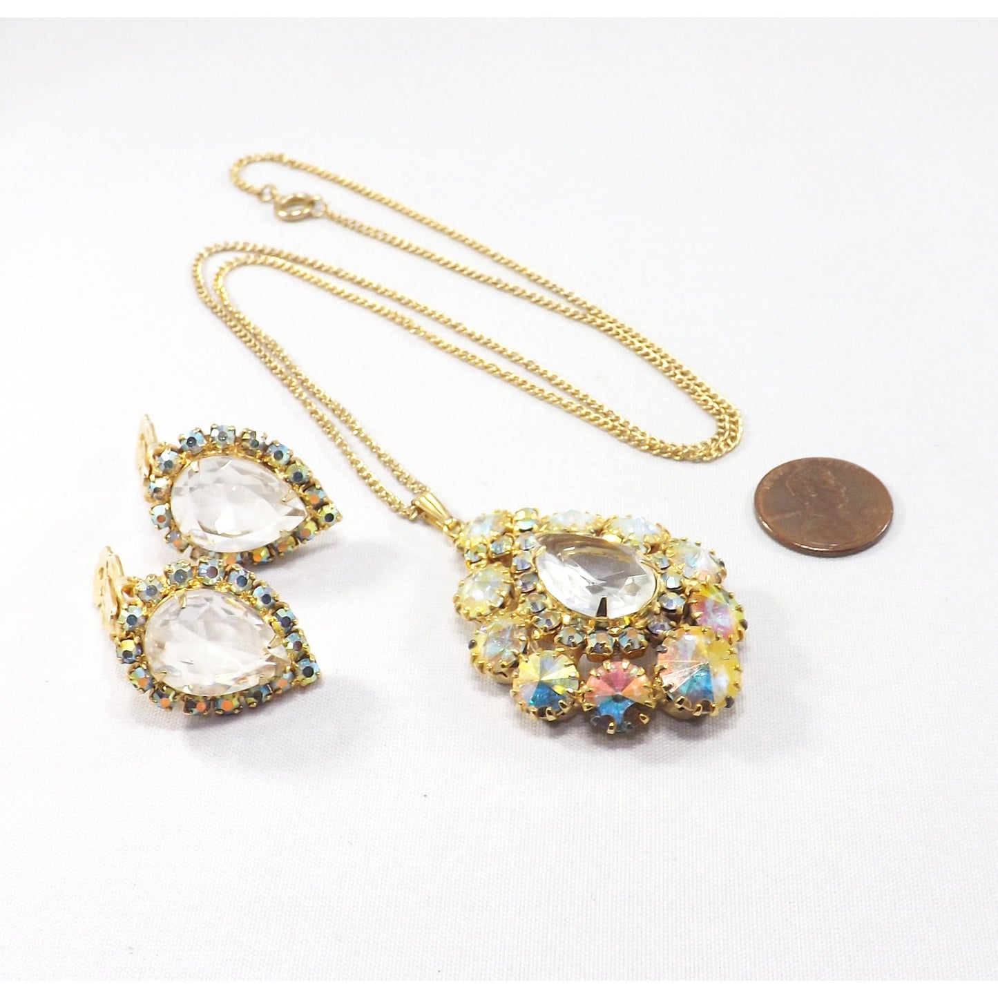 Vintage AB Pendant Necklace & Earrings, Rivoli Rhinestones, Gold Plated