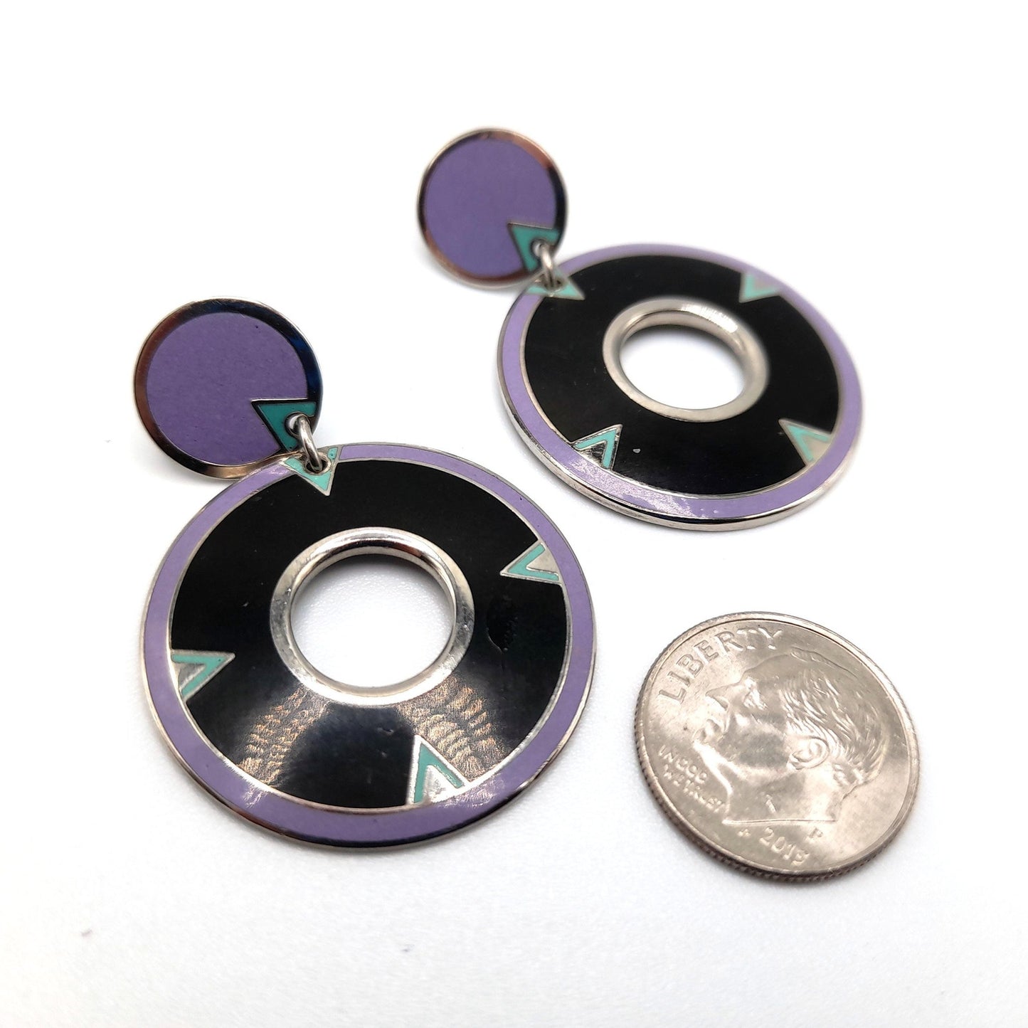 Laurel Burch "Summer Moon" Drop Earrings, Cloisonne Enamel, Rhodium Plate, Rare 1980s Vintage Jewelry