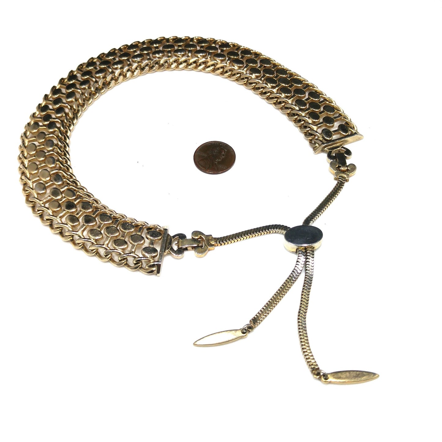 Mid Century MONET Collar Necklace, Tassel Down Back & Two Clasps, Gold Plated, 1950s Vintage Jewelry