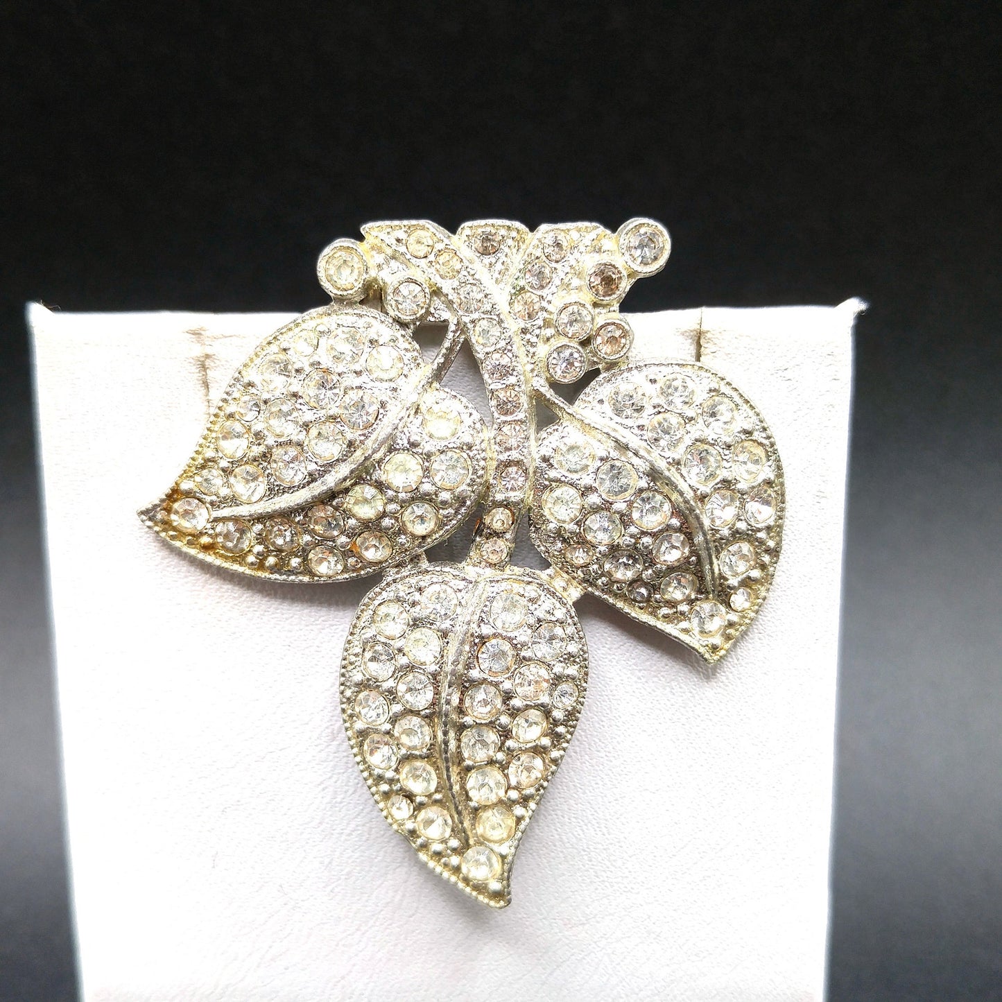 Leaves Clear Rhinestone Dress Clip, Pot Metal, 1930s Vintage Jewelry