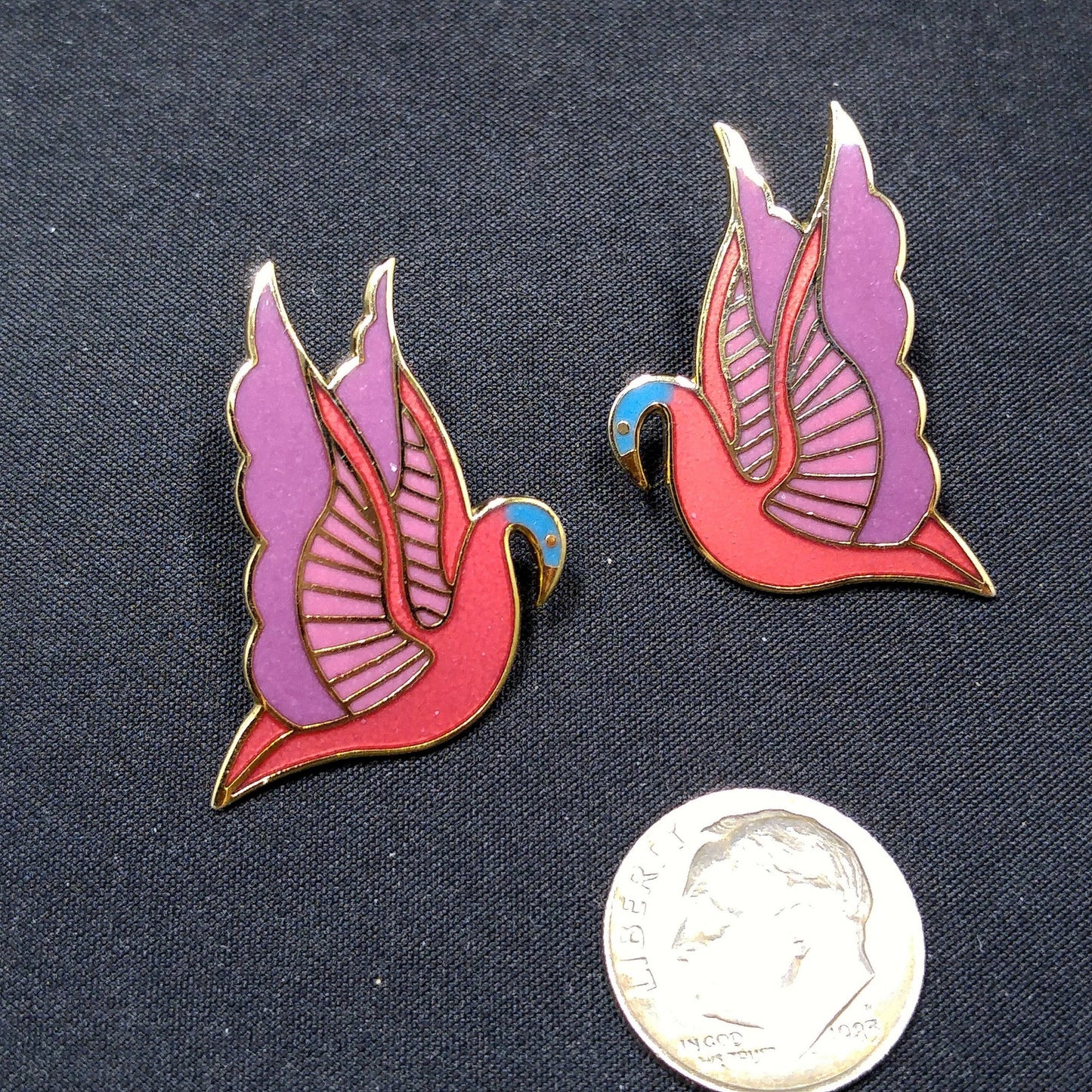 Laurel Burch "Swan" Cloisonné Post Earrings, Red Purple Pink Blue Enamel, Gold Plate, 1980s Vintage Jewelry